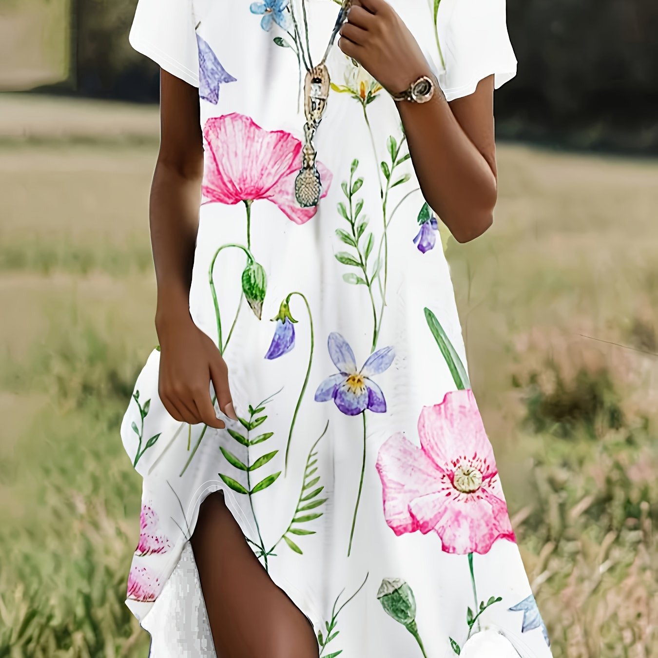 E-shop Plus Size - Plus Size - Sommerlicher 2025 Western Cross-Border Neuer Blumendruck Kurzarm Rundhals Kleid Damen