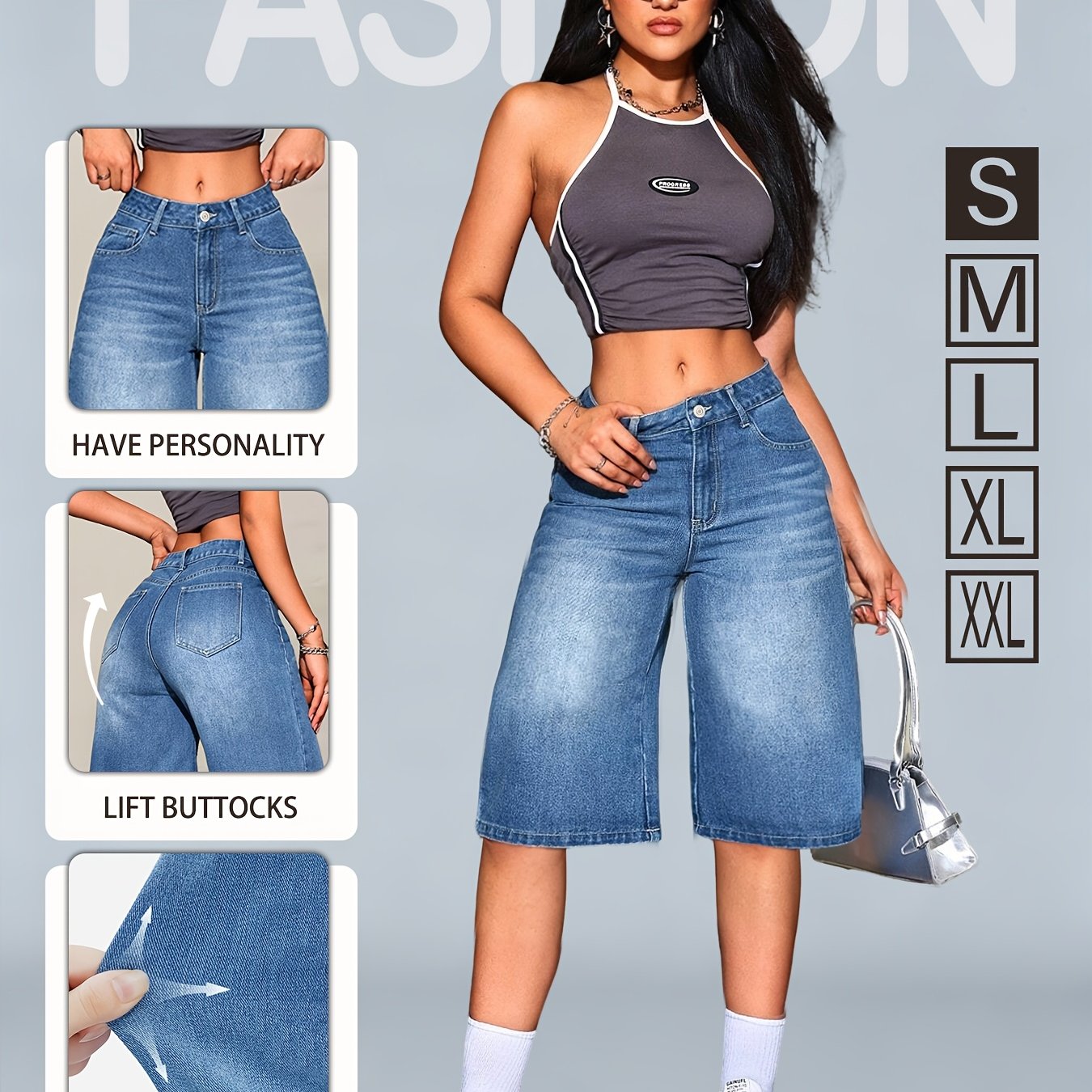 Women's Vintage Blue Bermuda Shorts, Spring Summer New High-waist Stretch Straight Leg Shorts, Versatile Casual Shorts, Suitable For Daily Casual, Outing Socializing, Travel Vacation