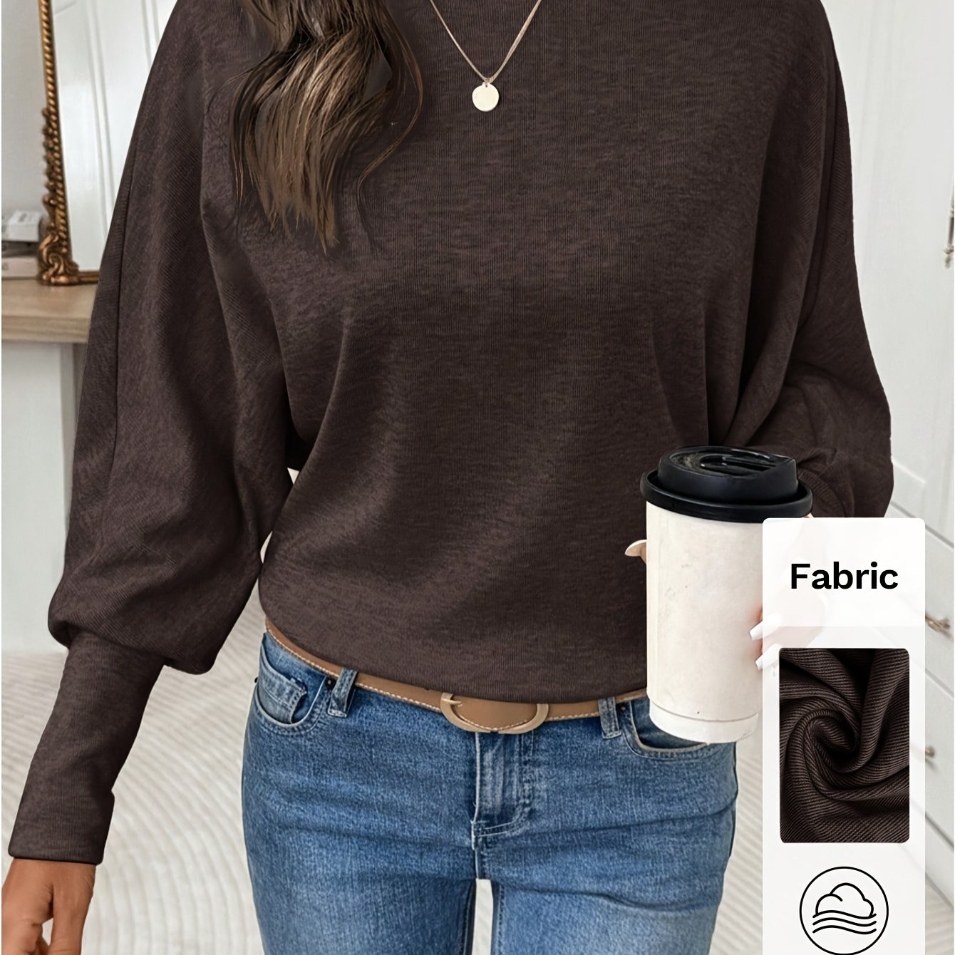 TEMU Damen Herbst/Winter Elegantes Lässiges Rundhals Dunkelbraunes Langarm T-Shirt, Geeignet für Tägliches Büro- und Business-Outfit