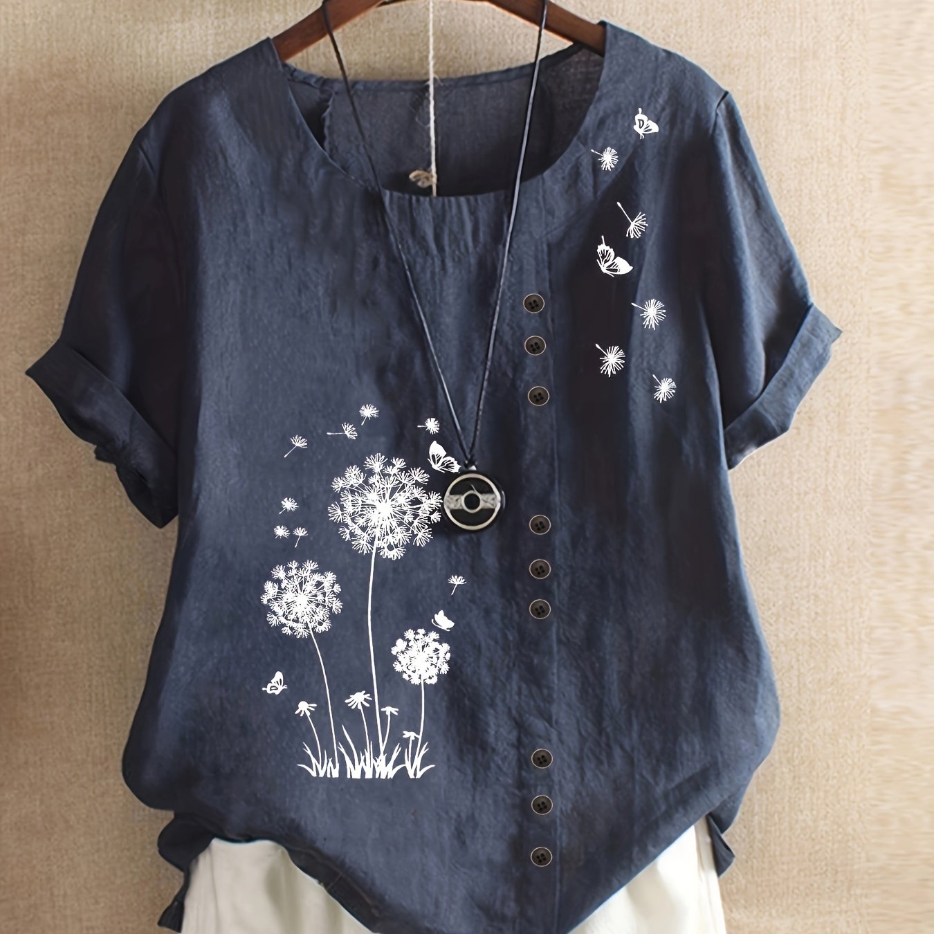 E-shop Löwenzahn Druckknopf Dekor T-Shirt, lässiges Rundhals-Kurzarm-T-Shirt für Frühling & Sommer, Damenbekleidung