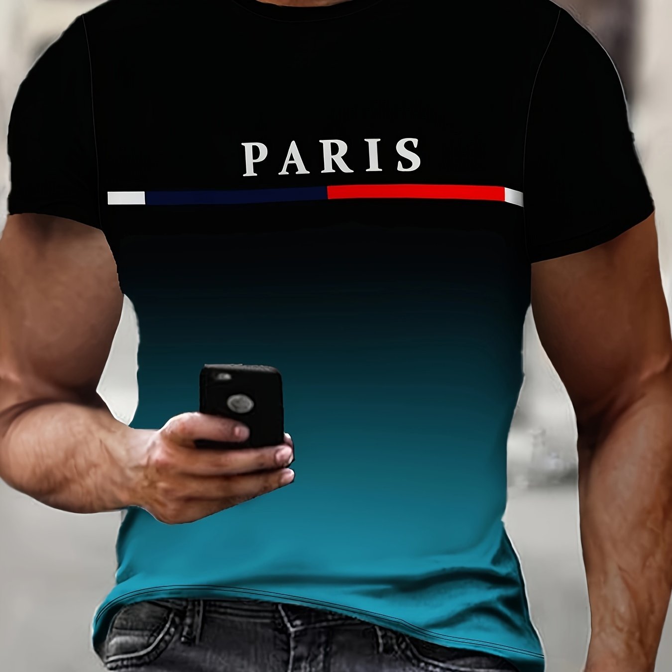 Men's Paris Graphic T-shirt - 3d Print Gradient Design With Red, Stripes, Casual Short Sleeve Crew Neck Tee For Outdoor Wear, Apparel | Parisian Style | Mesh Fabric Shirt
