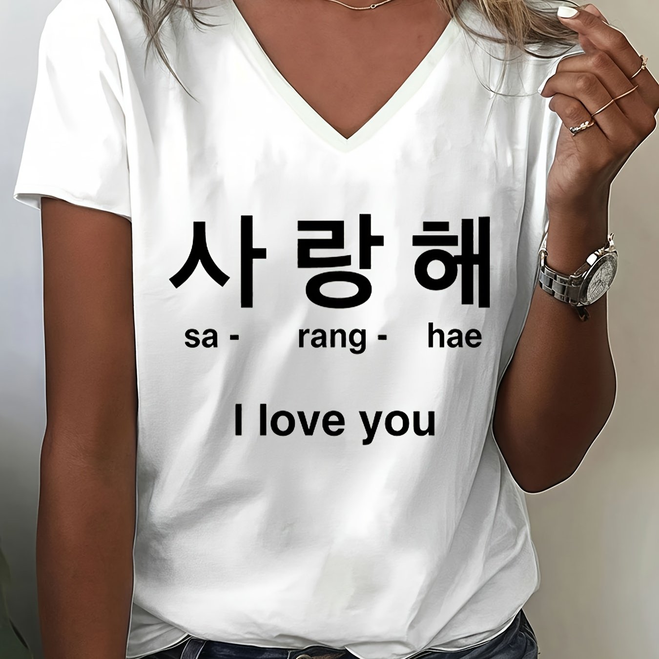 TEMU V Neck T Shirt Women Korean I Love You Elegant Casual Summer Everyday Basic Athleisure