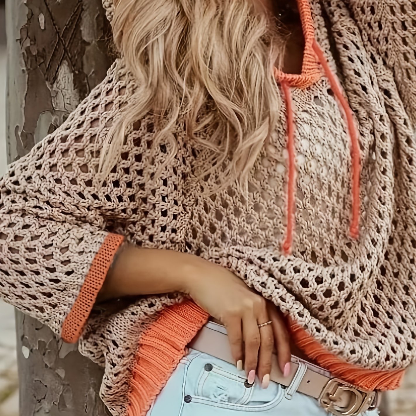 Image of Women's Hollow-out Hooded Long-sleeve Sweater, Loose Fit Lazy Casual , Perfect With Jeans Or Shorts