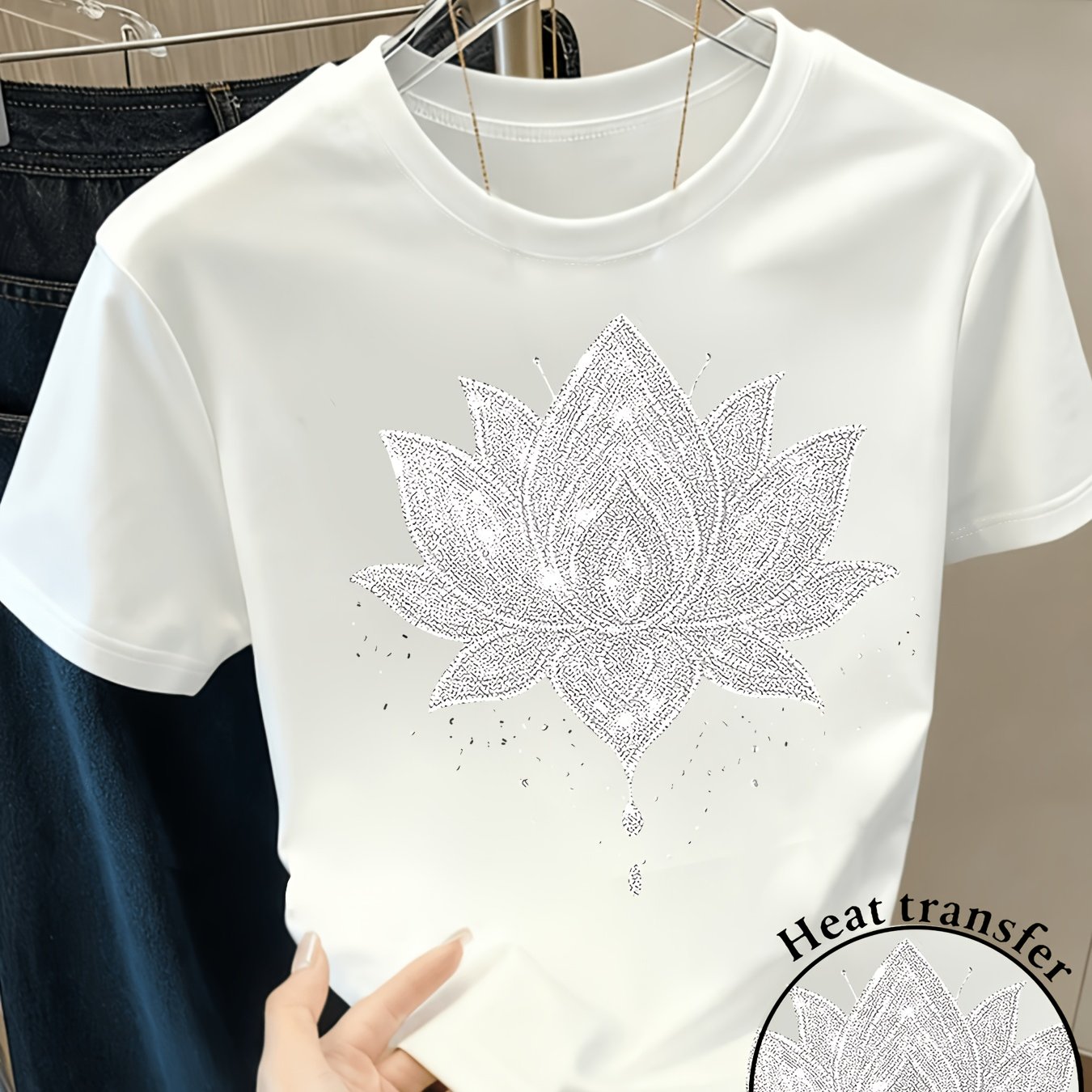 2d Flat Print Mandala For Lotus Plant Flowers Graphic Print T-shirt, Casual Short Sleeve Crew Neck Top Stylish Women's Clothing
