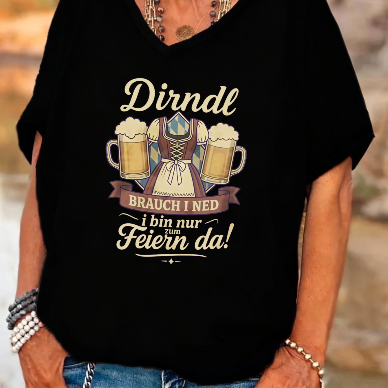 TEMU Plus Size, Casual Plus Size Women's V-neck Batwing Sleeves T-shirt Oktoberfest Dirndl Beer Graphic Tee Summer Festival Party For Mom Wife Friend