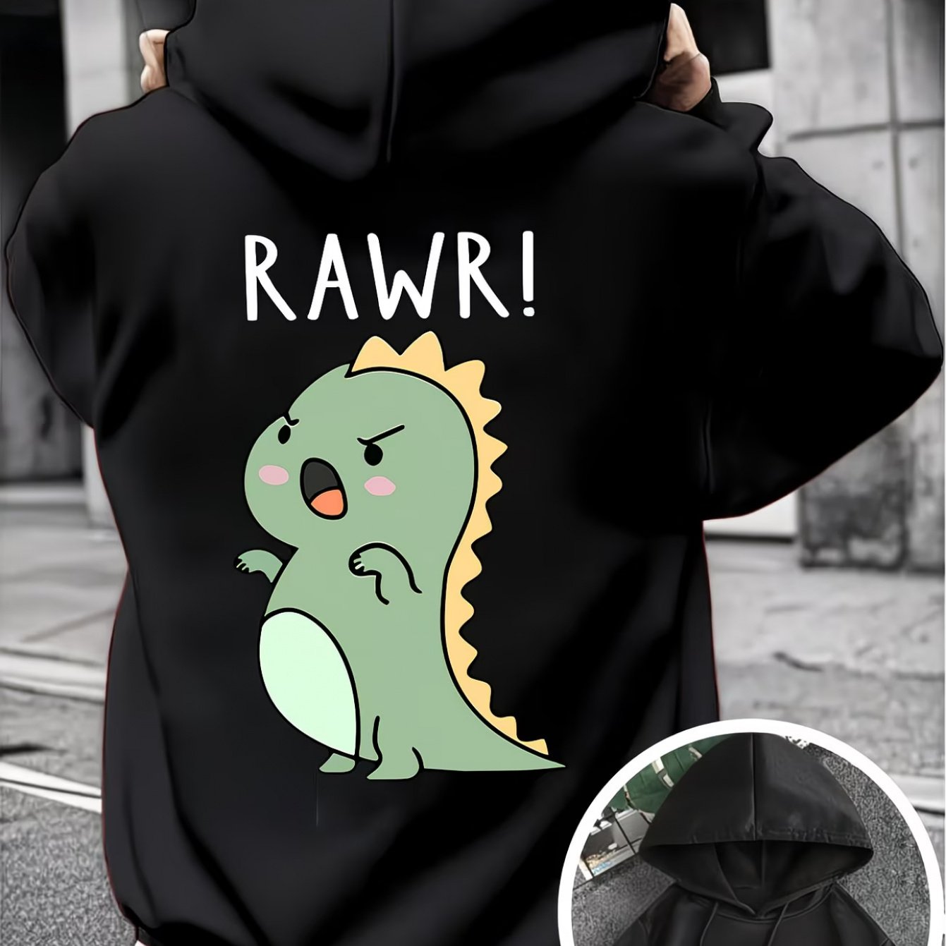 Image of Men's Autumn/winter Trendy Printed Hoodie With Velvet, "dinosaur" Print, Kangaroo Pocket, Drawstring Design