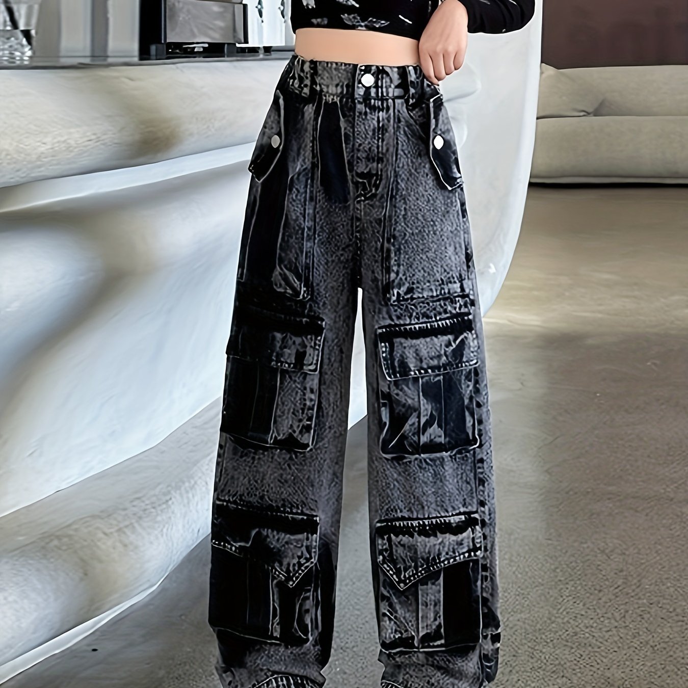 Image of Girls' Spring/fall Outerwear 2024 New Style Mid-large Kids Casual Multi-pocket Cargo Pants Wide-leg Autumn Denim Jeans