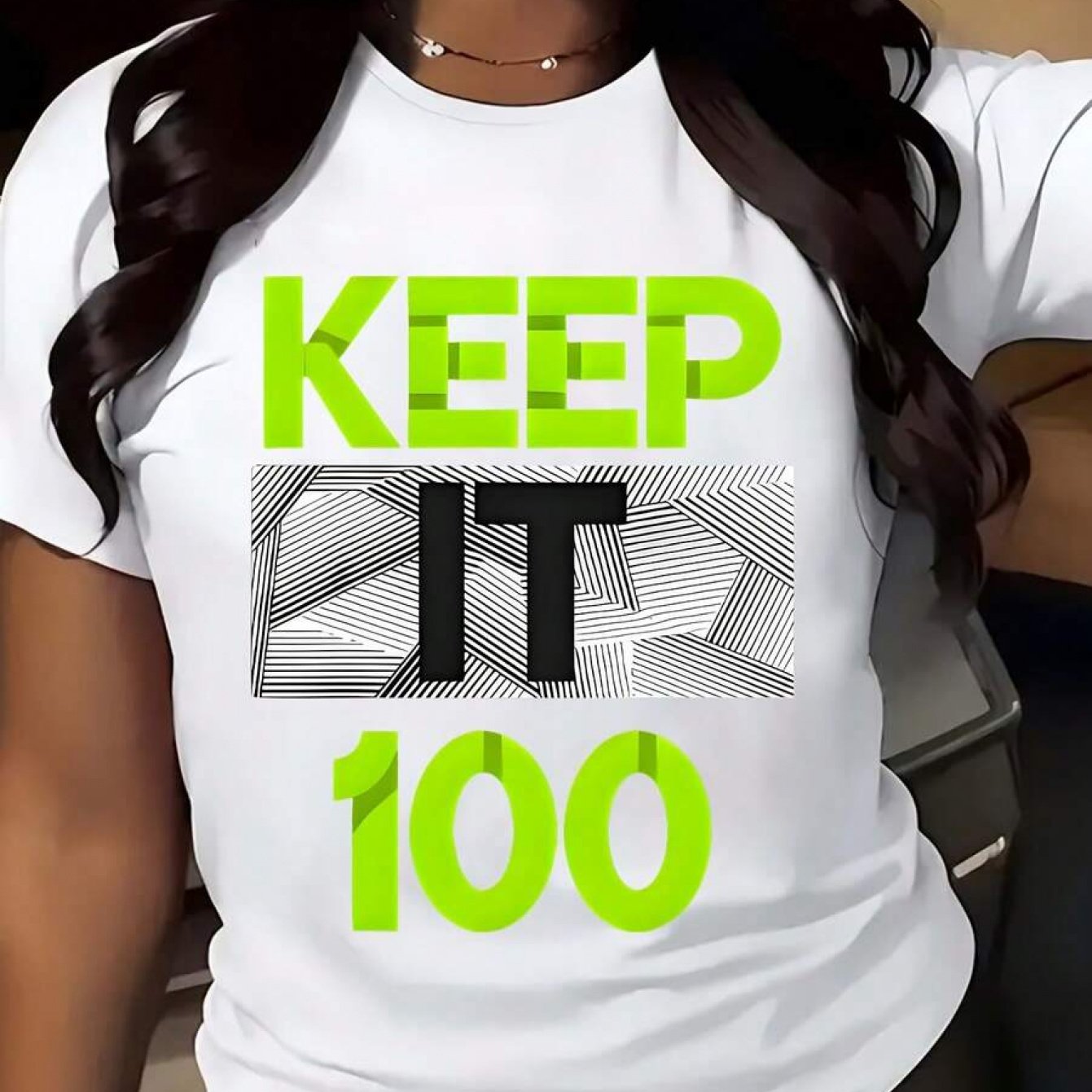 TEMU Plus Size, Women's " 100" Patterned T-shirt| Neon Green Text With A Design, Casual Crew Neck T-shirt, Suitable For Casual Attire, The Fabric Has