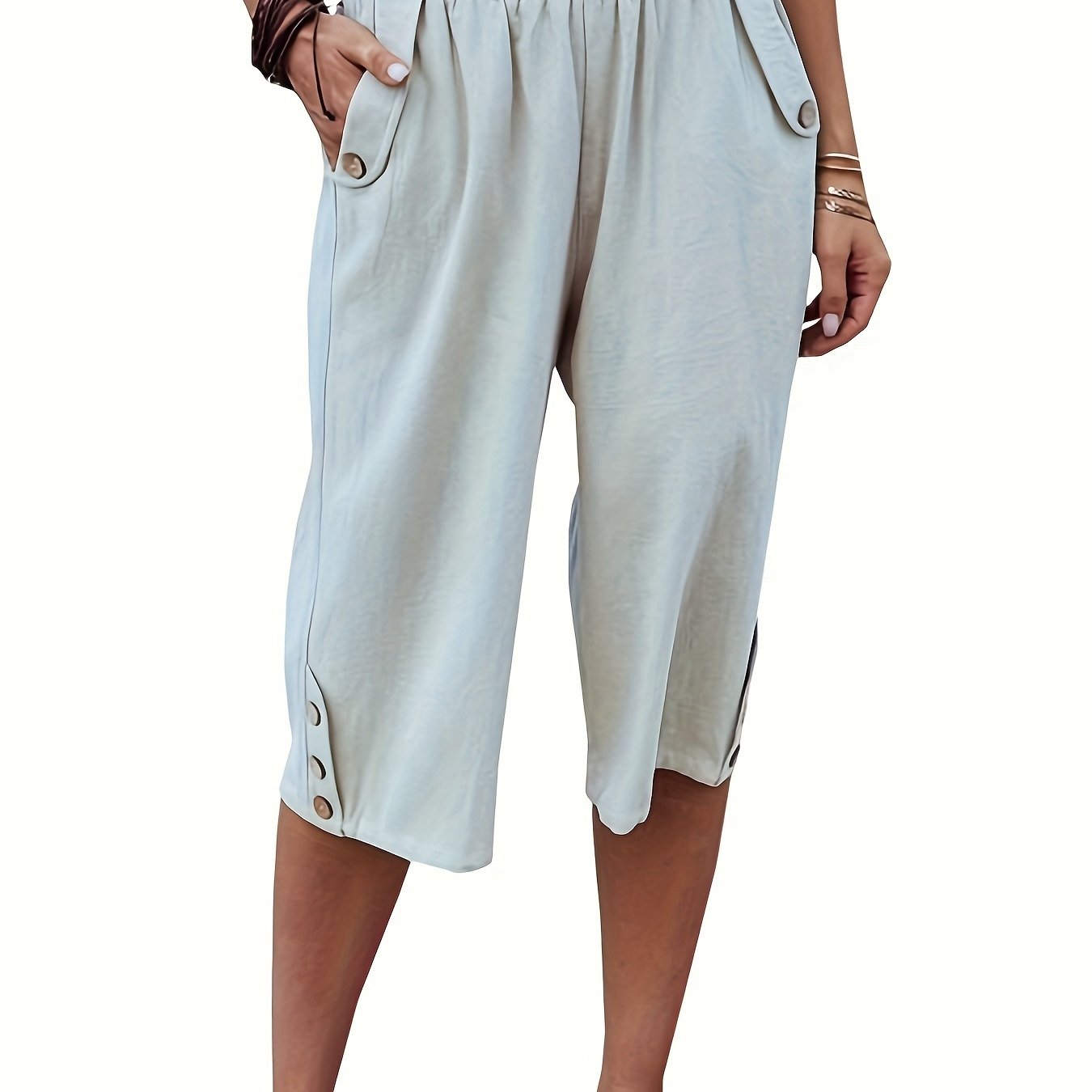 Solid Color Casual Three-quarter Pants For Women, Made Of And, Perfect For Summer