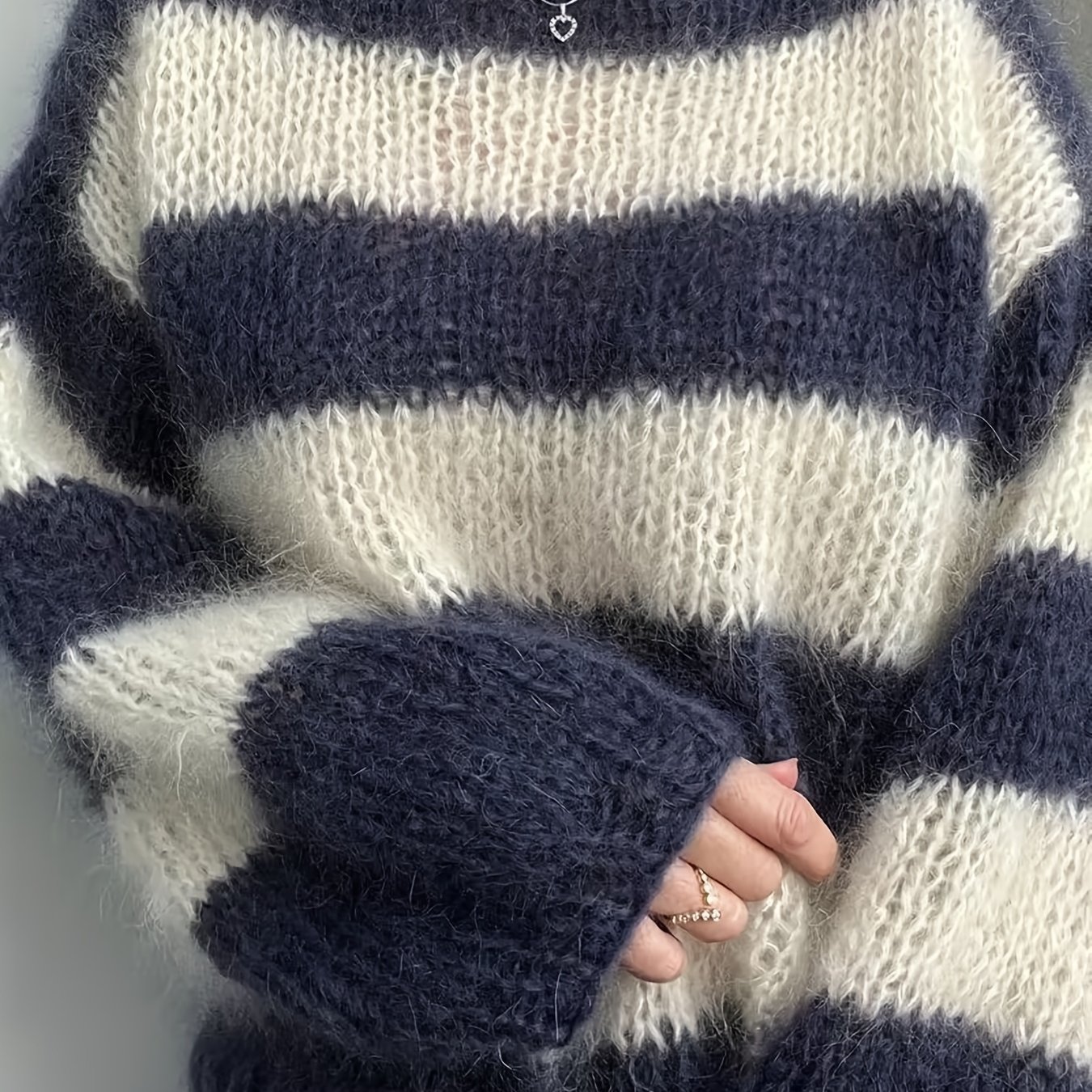 TEMU Women' Navy & White Striped Sweater - Elegant Loose Neck Long Sleeve -compatible Suitable For Blouses, Spring Summer Casual To Dressy Outfits,