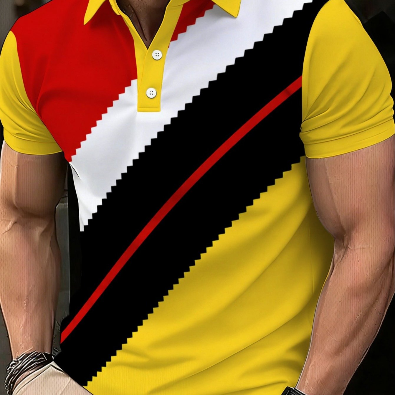 TEMU [printed Design, Not Textured] Men's Polyester Shirt Features A Diagonal In Yellow, Red, White, And Black. Lightweight And Durable, Suitable For