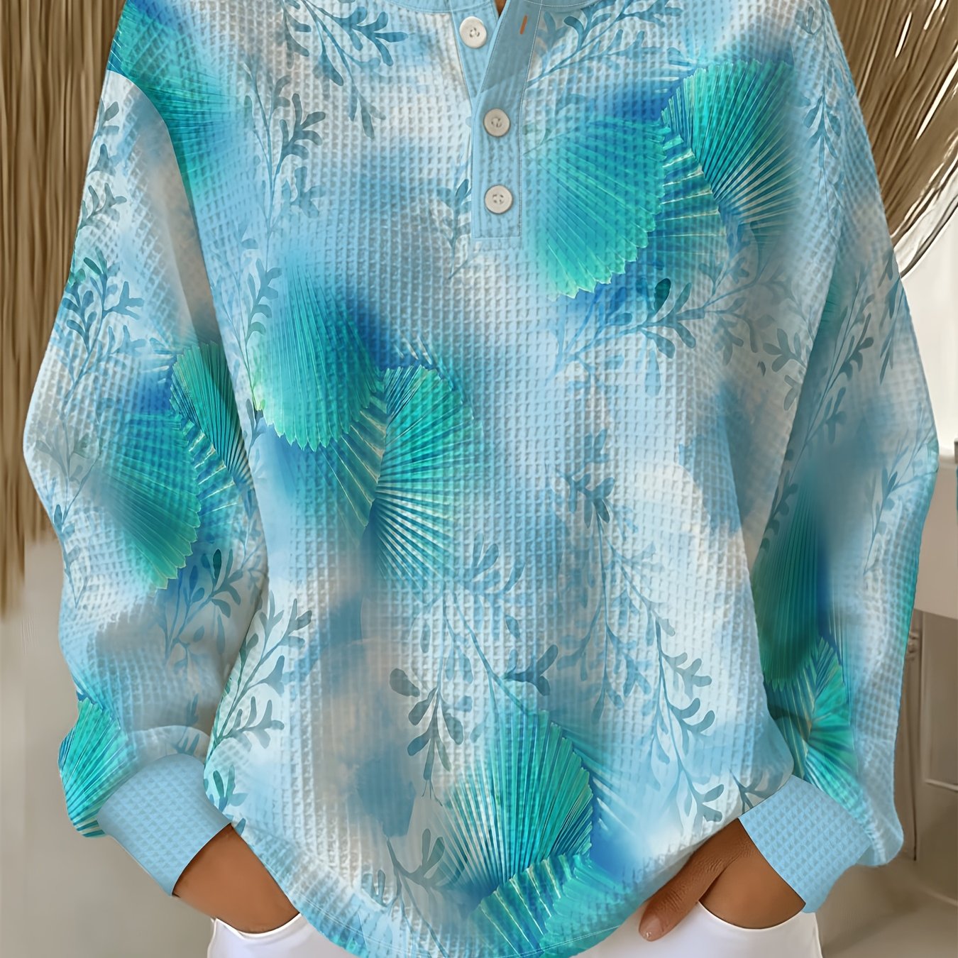 TEMU Plus Size - Plus-size Waffle- Sweatshirt Featuring Watercolor Floral Gradient Print, Neck, And Button-detail Long Sleeves