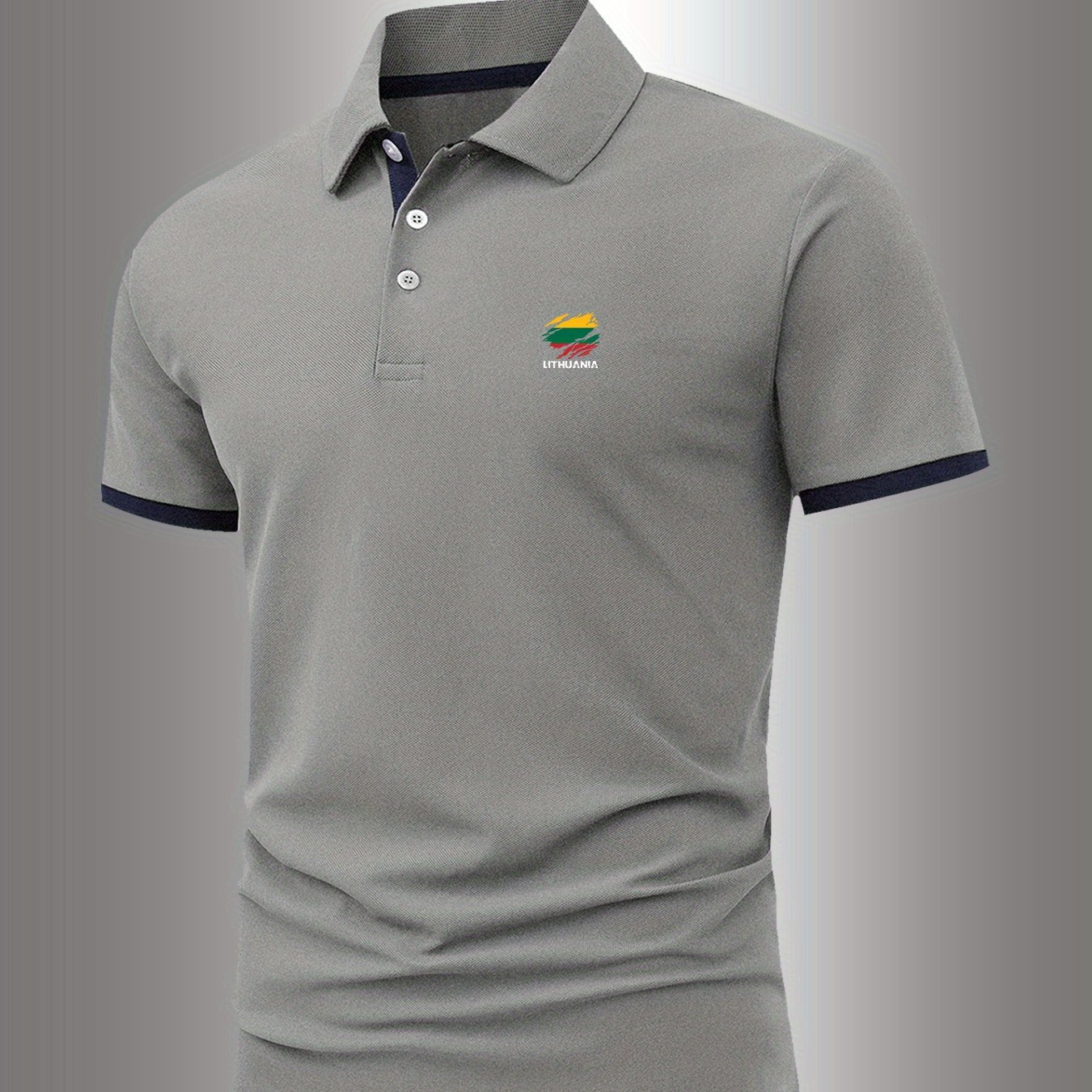 TEMU Men's Lithuania Shirt - Short Sleeve Turn- Collar With Lithuanian Emblem & Flag, Machine Washable Casual Golf & Outdoor Wear Suitable For