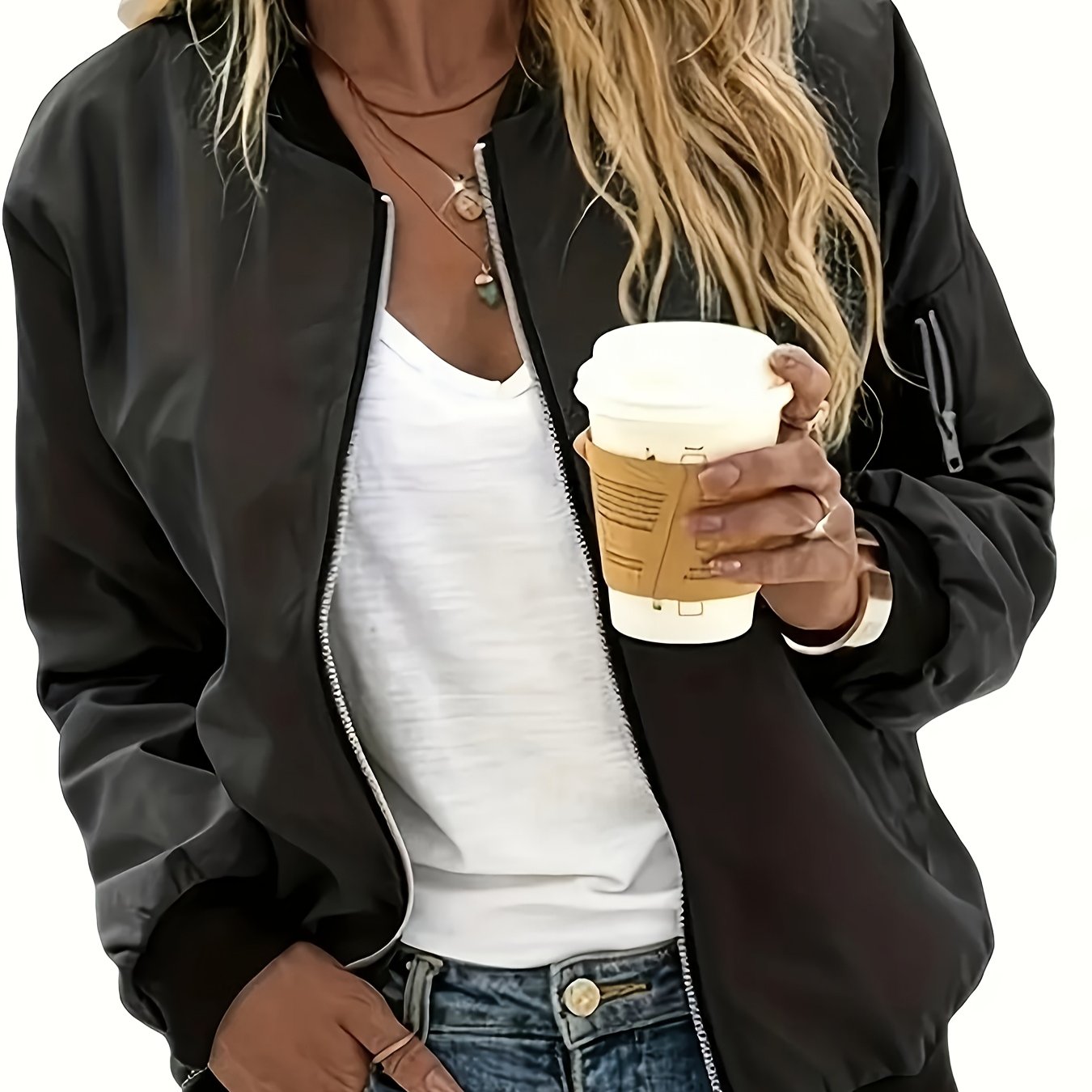 TEMU Ins Super Popular Versatile Women's Casual Zip Jacket With Pockets Solid Color Long Sleeve Outerwear