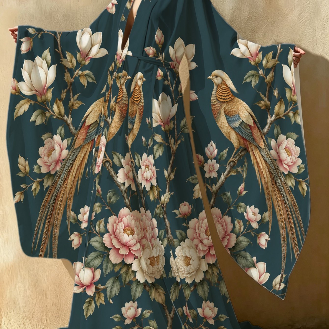 Image of 1 Item Pheasant And Kimono Robe. Bohemian And Oriental Style. . Vintage Ethnic Clothing. Loungewear Robe. Washable. Halloween Carnival!