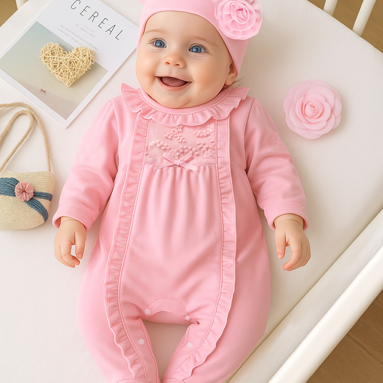 Image of 2pcs Baby Girl's Winter Warm Bodysuit With Bow & Matching Hat - Long Sleeve Outfit, Round Neck Romper, Machine Washable For Photoshoots, Christening, For Harem (female Clothing), Perfect For Outdoor