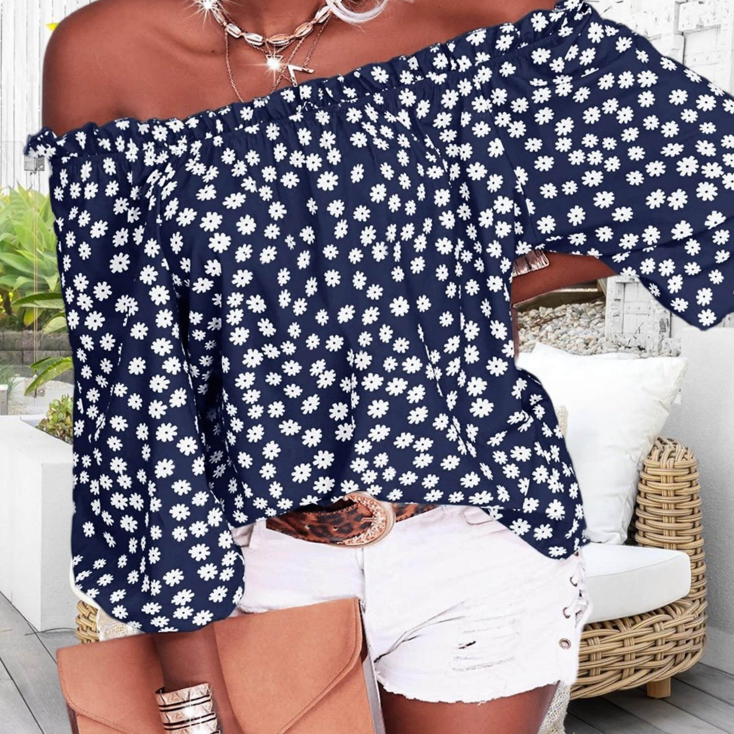 Women' Spring Summer Off-shoulder 3/4 Sleeve Blouse