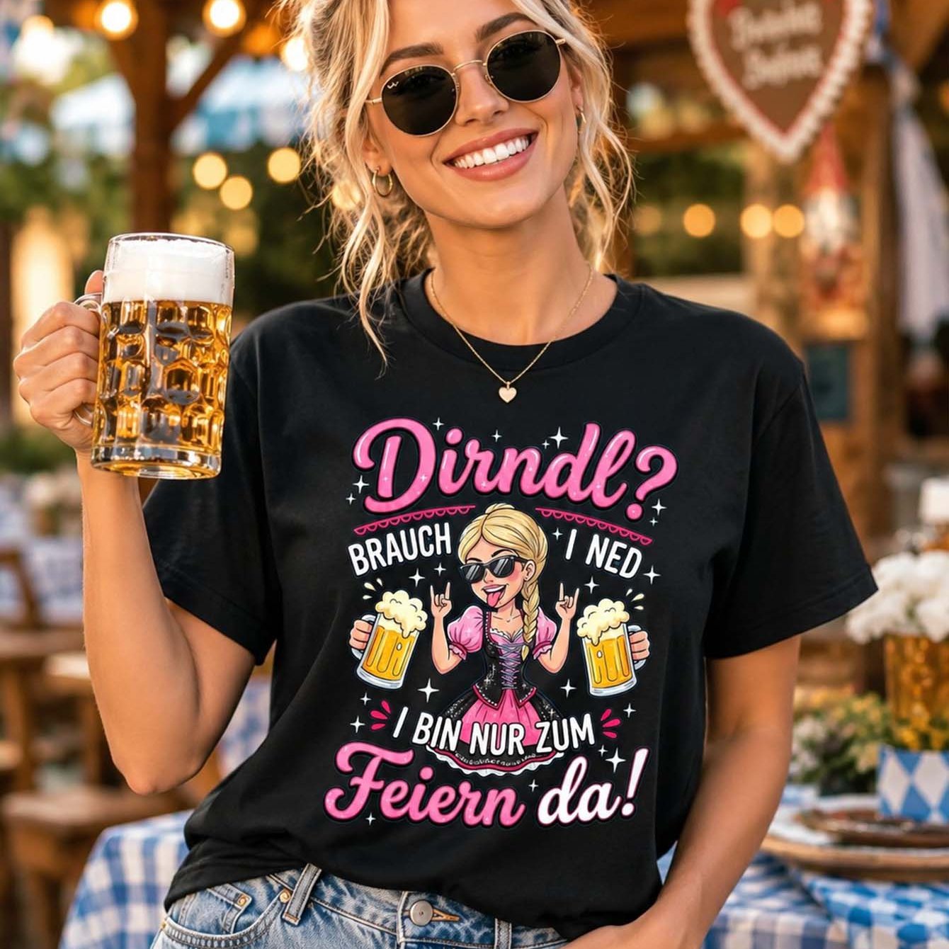 Image of Dirndl Brauch I Ned Nur Zum Feiern Da Graphic Black Neutral T Shirt Casual Short Sleeve Tee For Oktoberfest Wear Season
