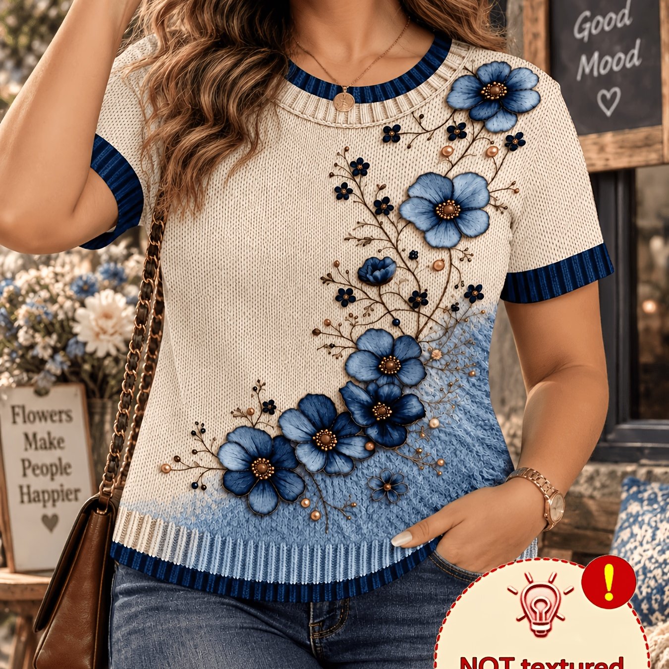 TEMU Plus Size Women's Blue Floral Crew Neck Printed T Shirt, Loose Short Sleeve Top, Versatile Tee For Commuting Outdoor And , Machine Washable For
