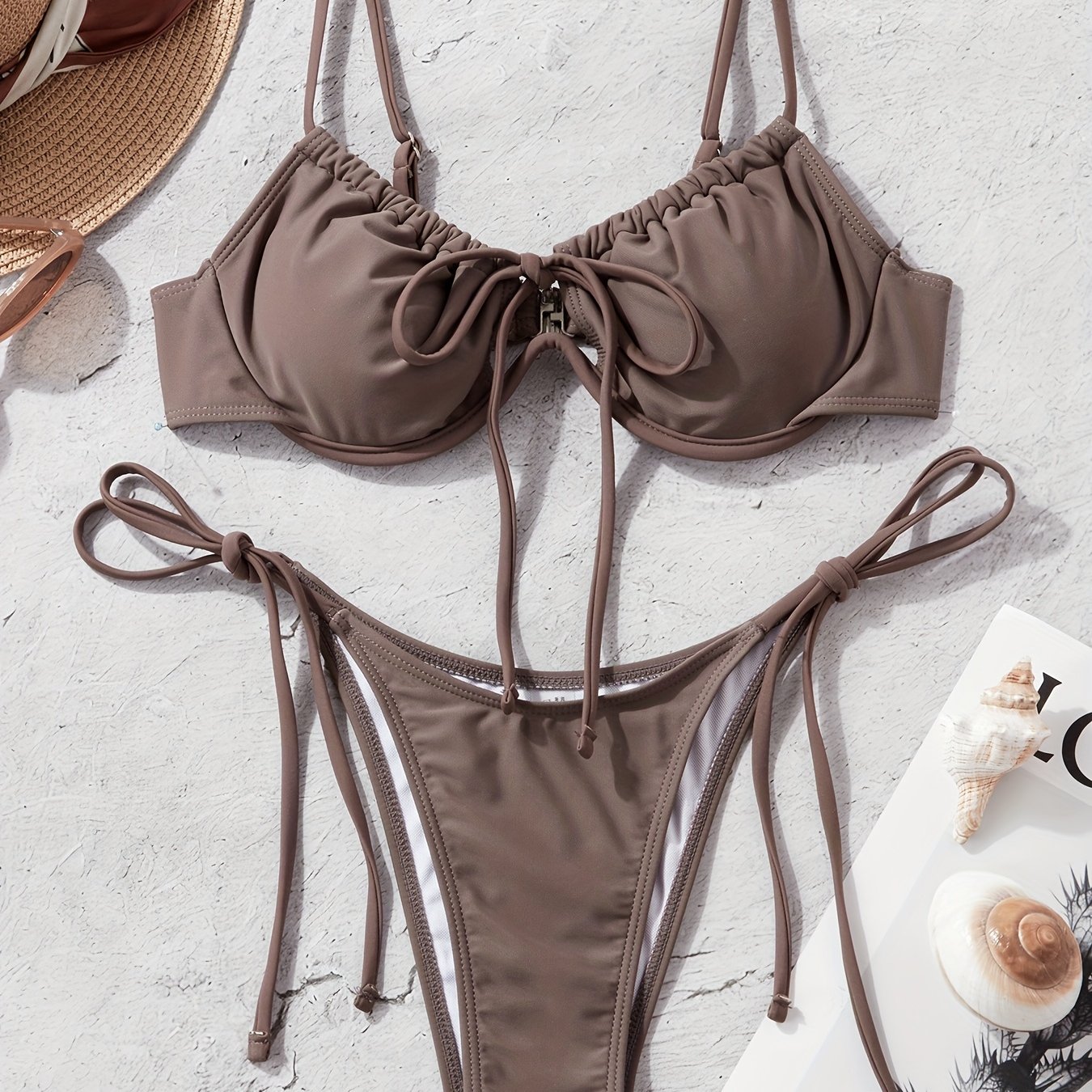 Women's Solid Color Hollow-out Drawstring Tie Fashion Underwire Strappy Casual Swimsuit Set