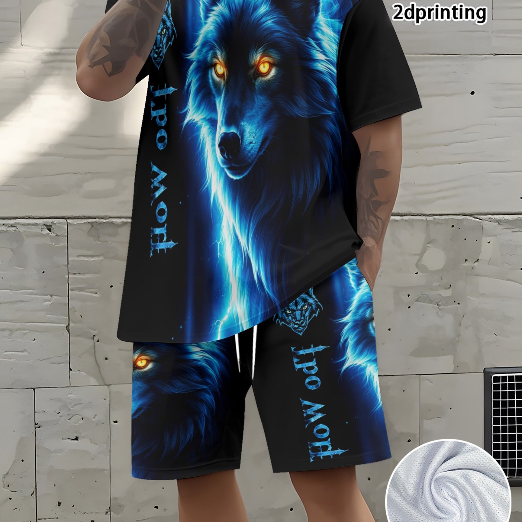 TEMU [new Arrival] Men's Fashion Wolf Pattern Printed Short-sleeve Set Trendy 2d Printing Design Casual Comfortable Summer Two-piece Set