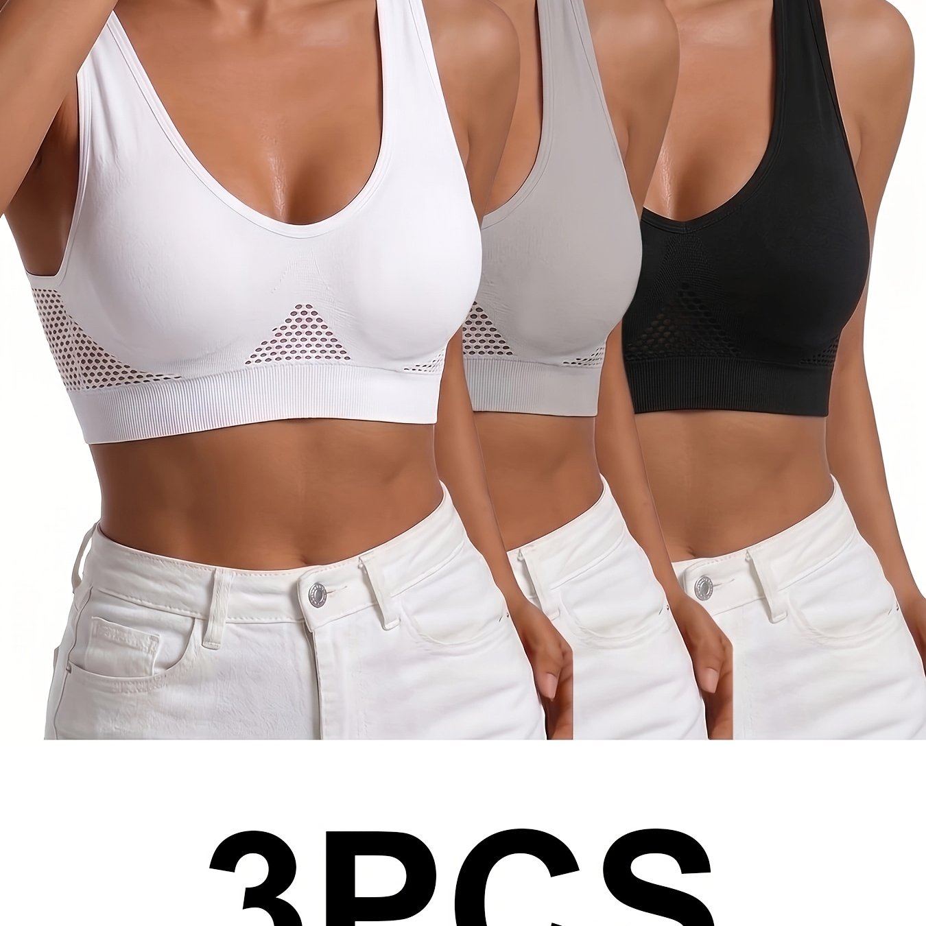 3pcs, Women's Sports Bras, Wireless Thin Tank Tops, Seamless, Geometric Hollow Mesh, High-elastic And Non-restrictive, Home Low- Yoga Underwear, Quick-dry And Breathable, Suitable For
