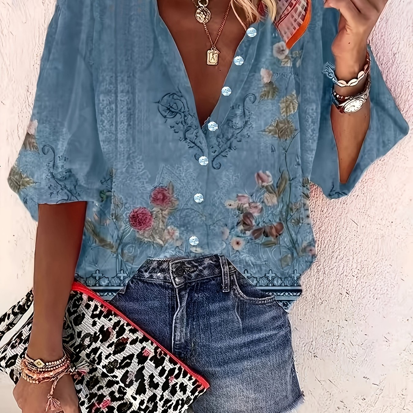 TEMU Tribal Print Stand Collar Long Sleeve Shirt | Button Details, Ideal For Spring/fall Vacation