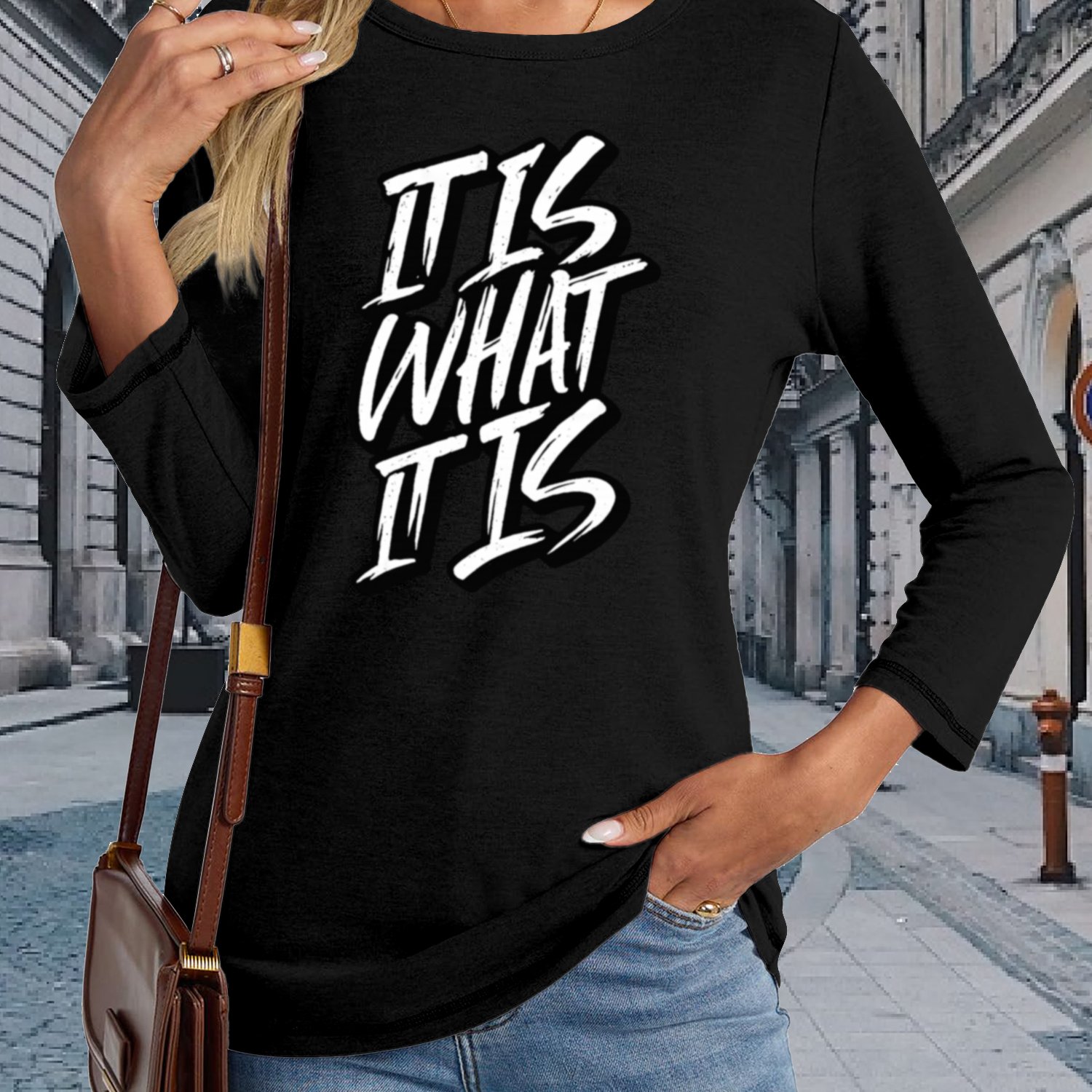 TEMU Vintage Handwriting Style ' What ' Printed Women's Long-sleeved Top - Machine Washable, Breathable, Soft, Medium-stretch Fabric, Spring, Autumn,