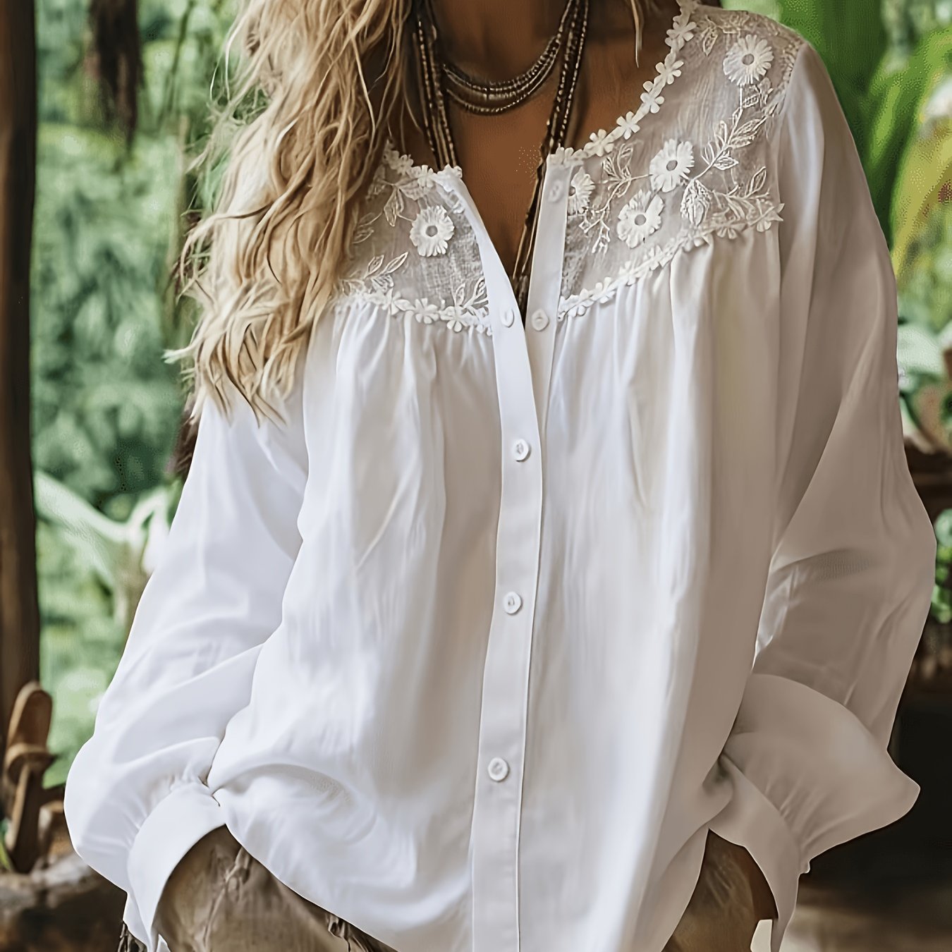 TEMU Women's Elegant Lace Trim Shirt - Loose Fit & Round Neck Long Sleeve Top, Solid Color Suitable For Spring Summer Fall, Machine Washable