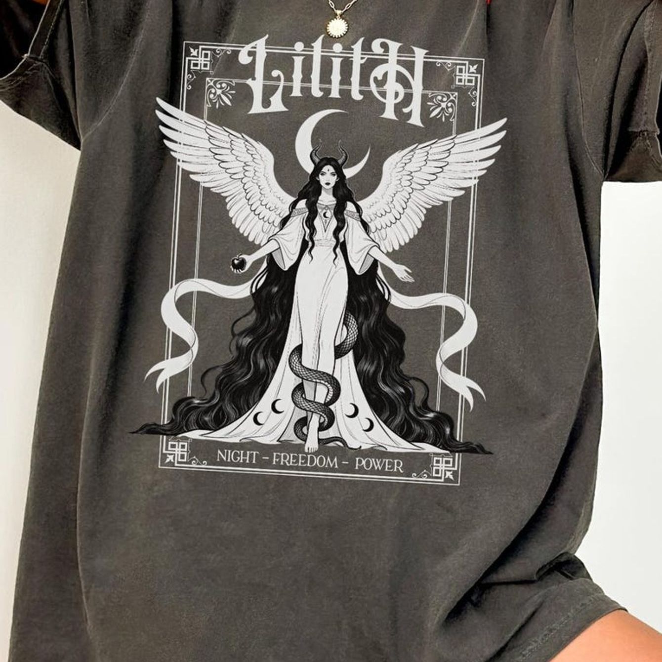 Image of Lilith T-shirt | Dark Feminine Energy Tee, Graphic Top, Gothic Spiritual Gift | Crew Neck, Stretch, Regular Fit, Geometric Pattern