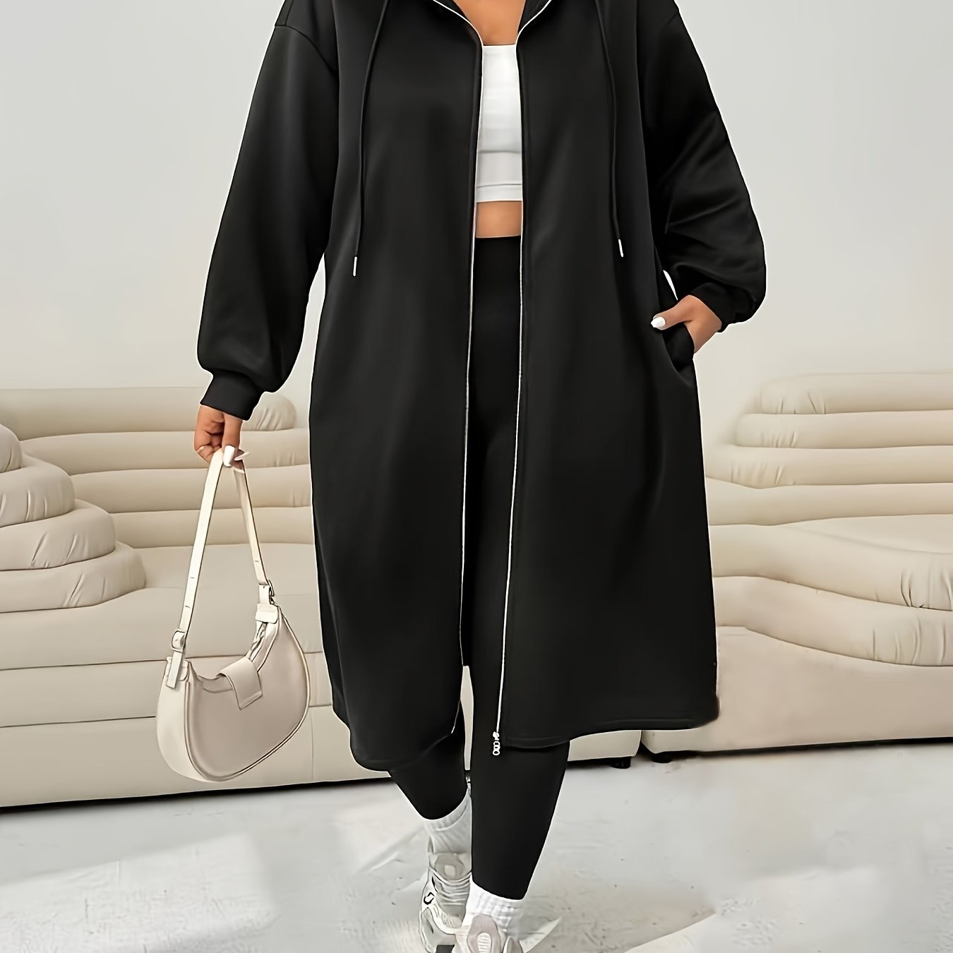 Image of Plus Size Women's Casual Fleece Jacket, Autumn Winter New Long Sleeve Off-shoulder Zipper Drawstring Hooded Jacket