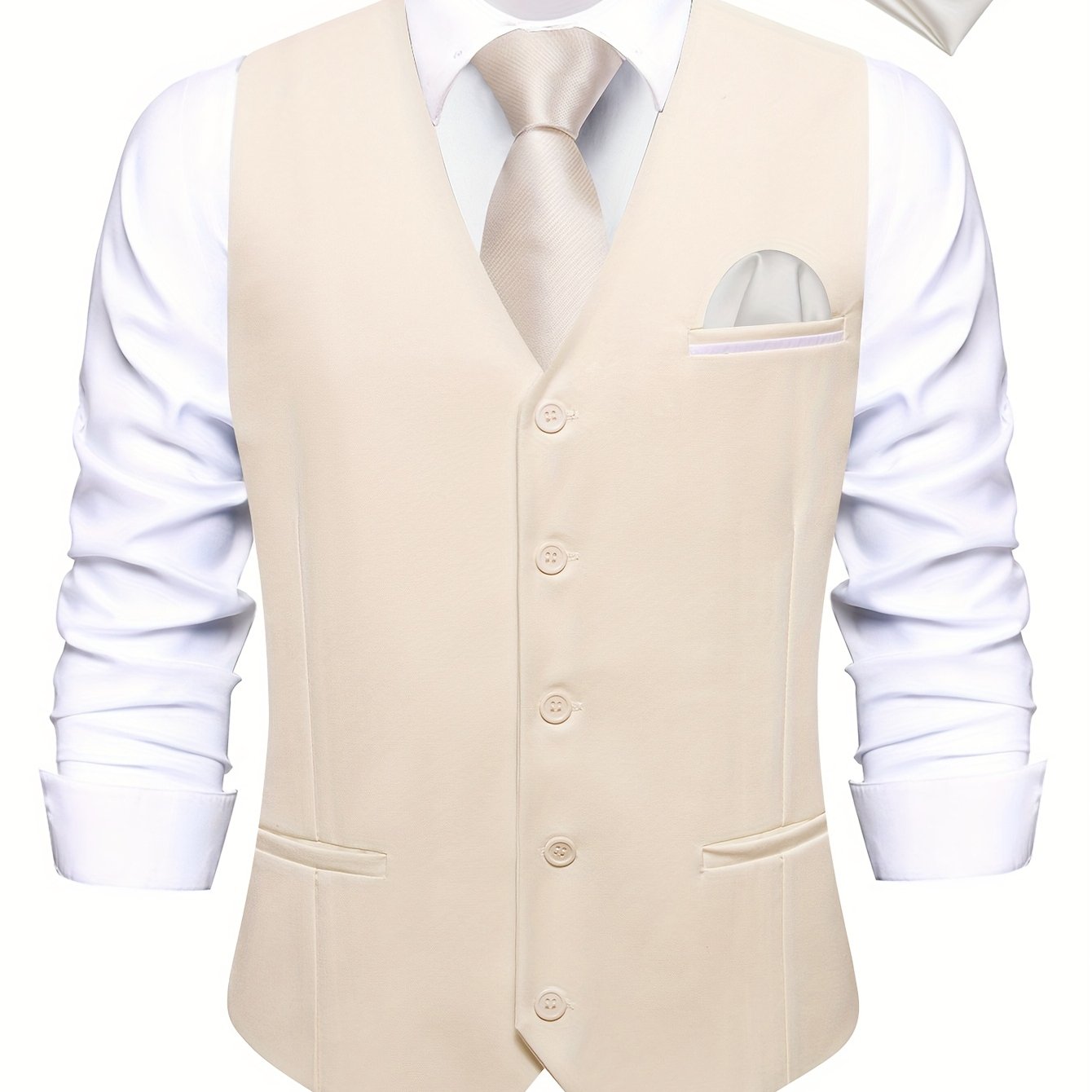 TEMU Gilet de costume rétro uni pour homme, col en V, simple boutonnage, manches, gilet et mouchoir, gilet de fête de mariage
