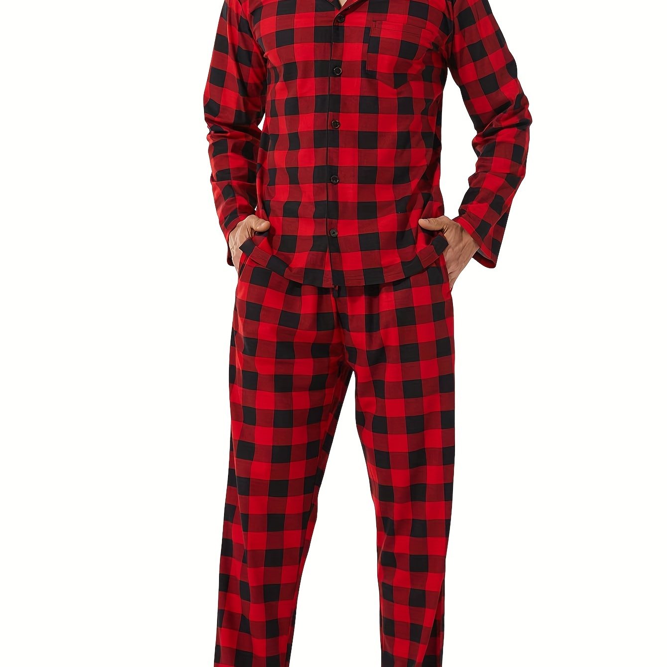 TEMU Completo pigiama da con stampa scozzese classica, con , maniche lunghe e pantaloni lunghi, abbigliamento da casa e di stile