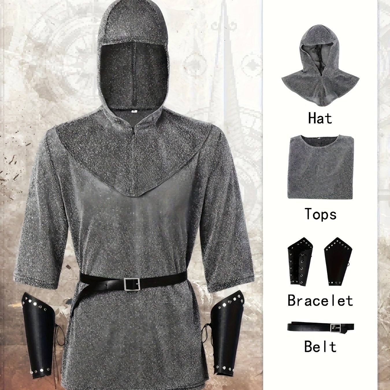 TEMU Halloween Adult Costume Cosplay Set, Silvery Chain Medieval Role-playing Knight Costume, Renaissance Role-playing Outfit