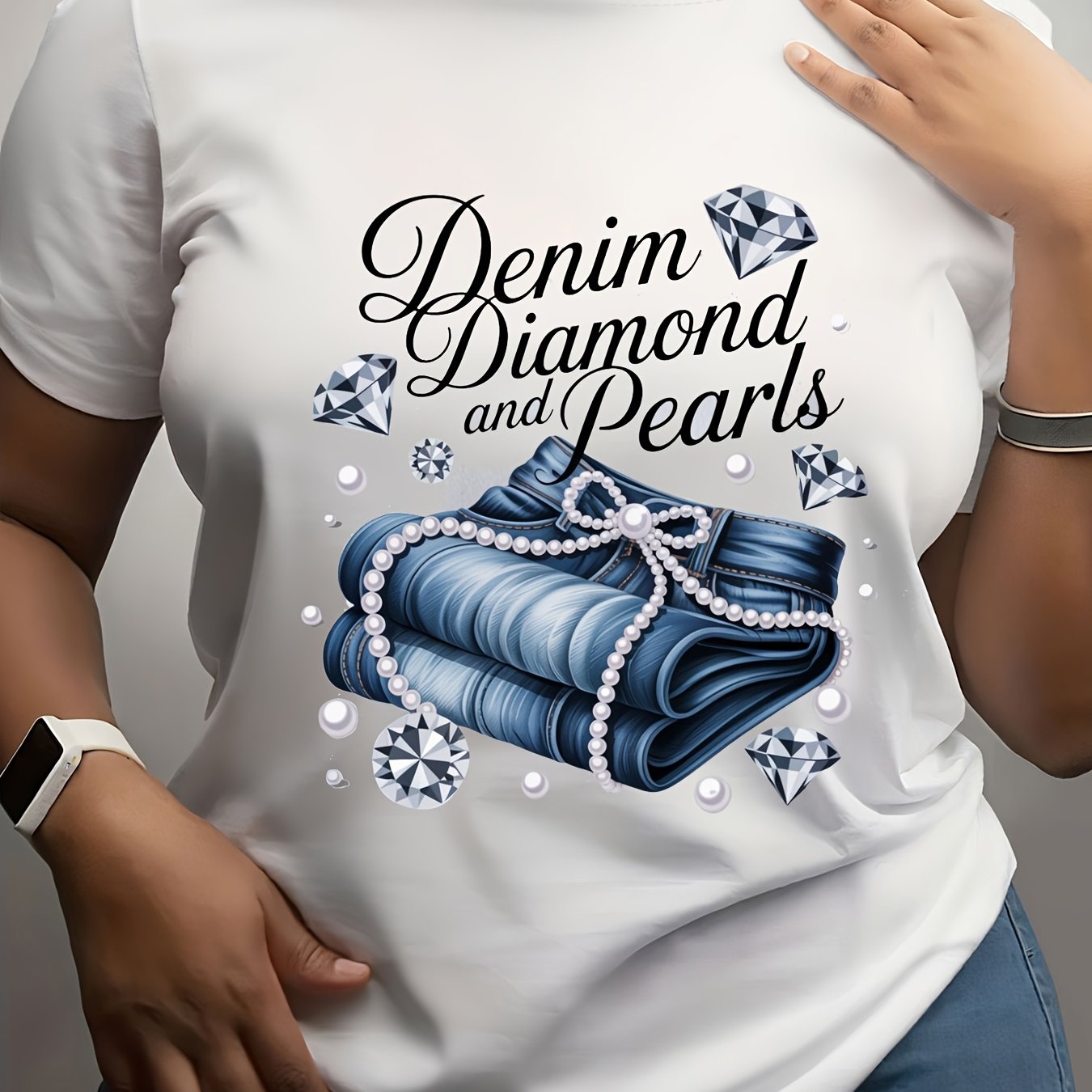 TEMU Plus Size - Plus Size - Stylish Short-sleeve Top For Plus-size Women Featuring A Denim Diamond And Pearl Pattern, Perfect For The Workplace And