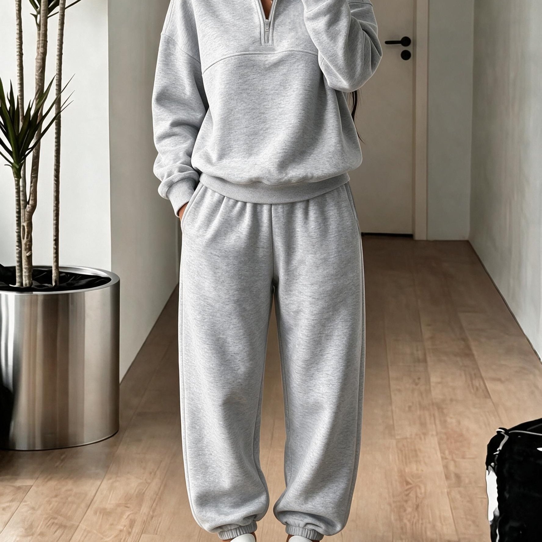 TEMU Ensemble 2 pièces pour décontracté : Haut à col montant et demi-zippeur à manches longues avec pantalon long à revers élastiques, tenue de