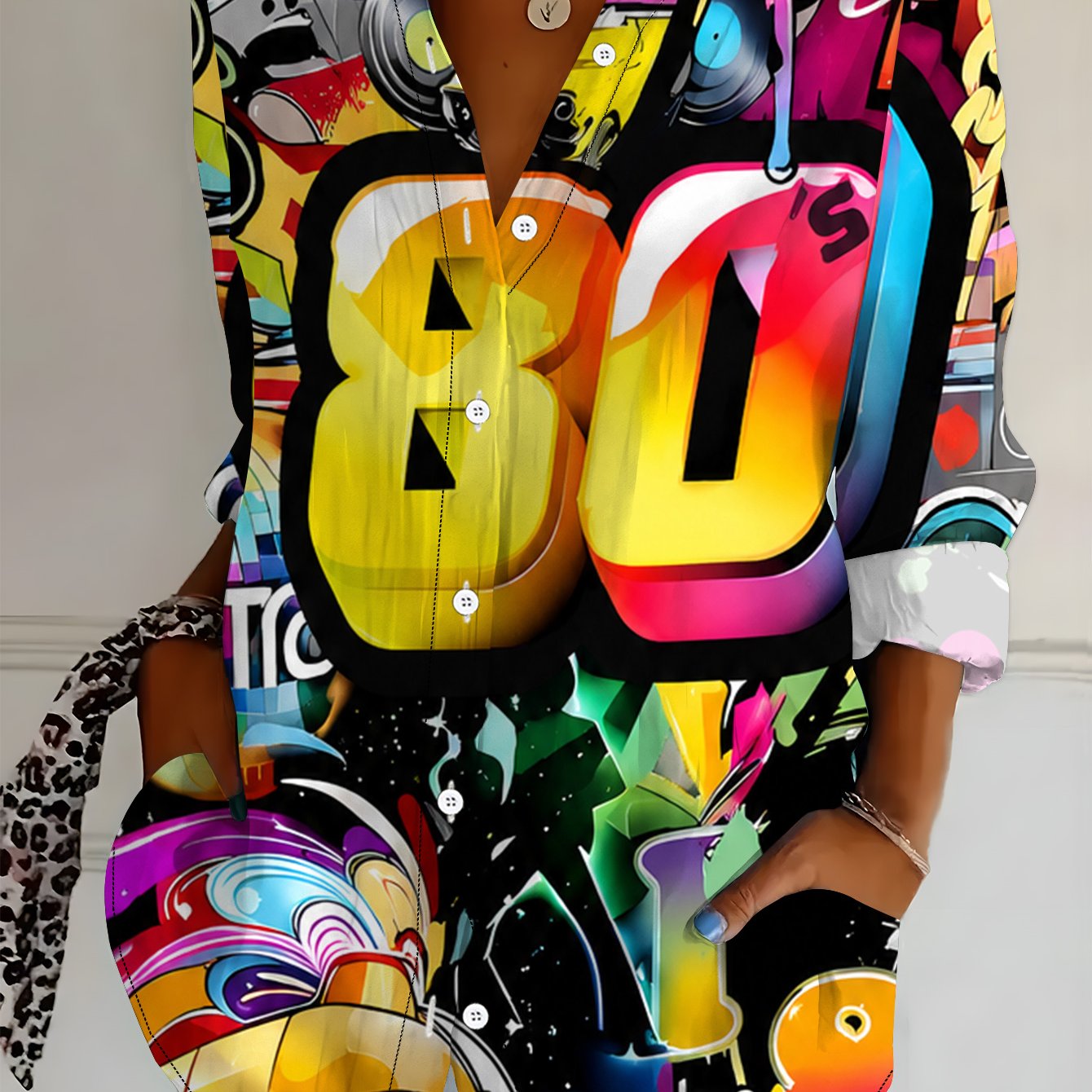 TEMU Plus Size, Plus Size Women's Long Sleeve Shirt, 80s Style Loose Fit Printed Shirt, Trendy Element Style, Mid-length Women's Long Sleeve Lapel