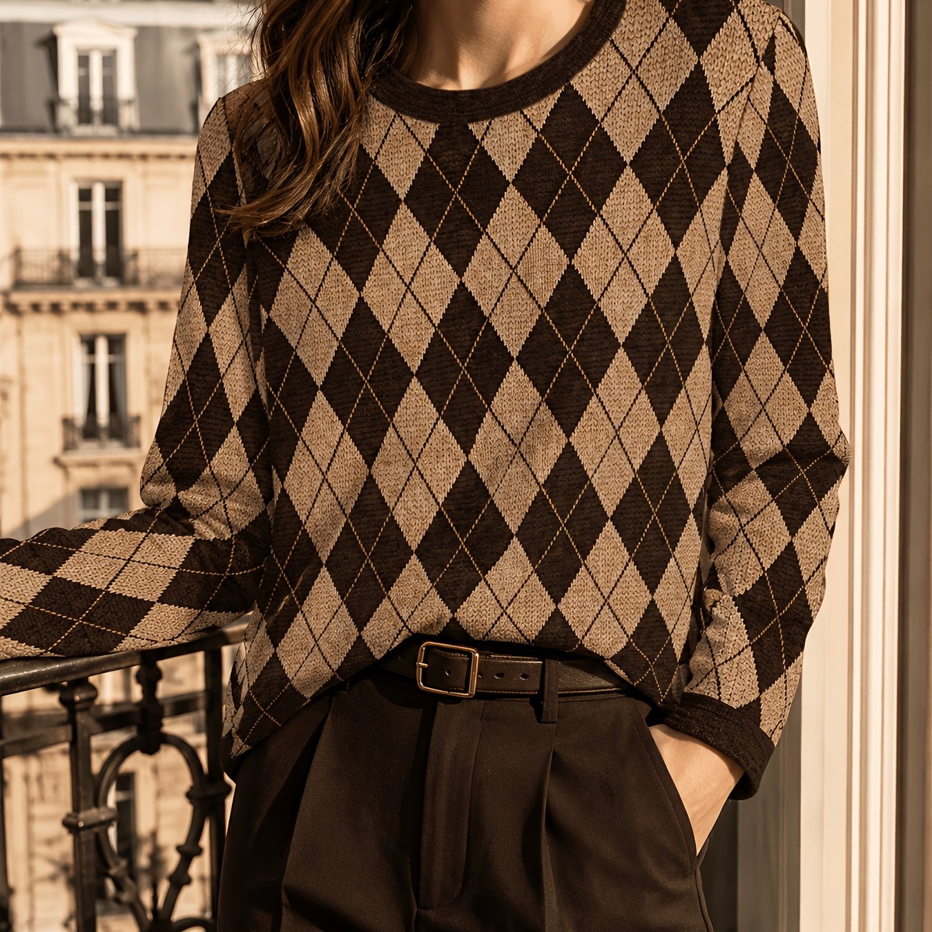 TEMU Women's Brown Diamond-quilted Round-neck Long-sleeve T-shirt | Retro Preppy Geometric Pattern Casual Top | Loose-fitting, Versatile Fall/winter