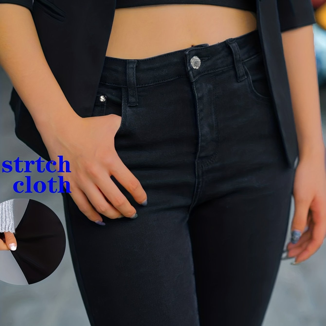 Black Skinny Jeans With High Elasticity, Slim Fit, Elegant, Versatile For Women