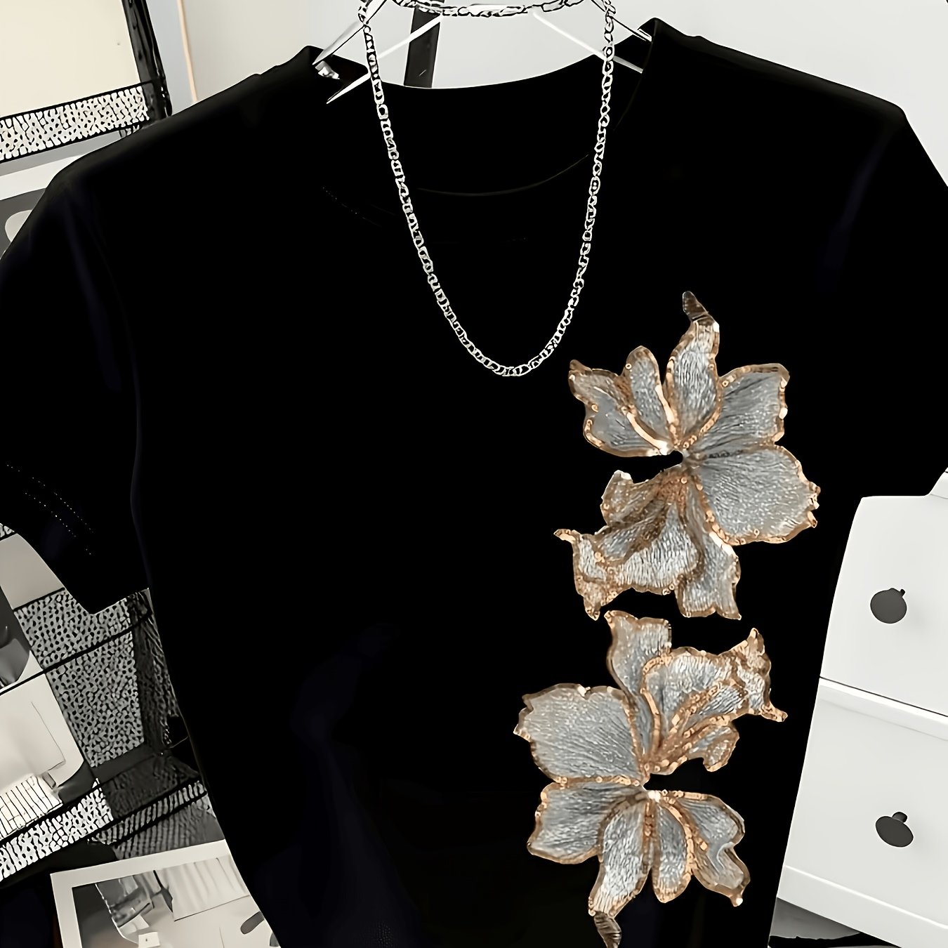 TEMU Premium Golden-bordered Floral Print T-shirt For Women, Temperament Side Art Flowers Round Neck Short Sleeve Black White Dual Colors Available