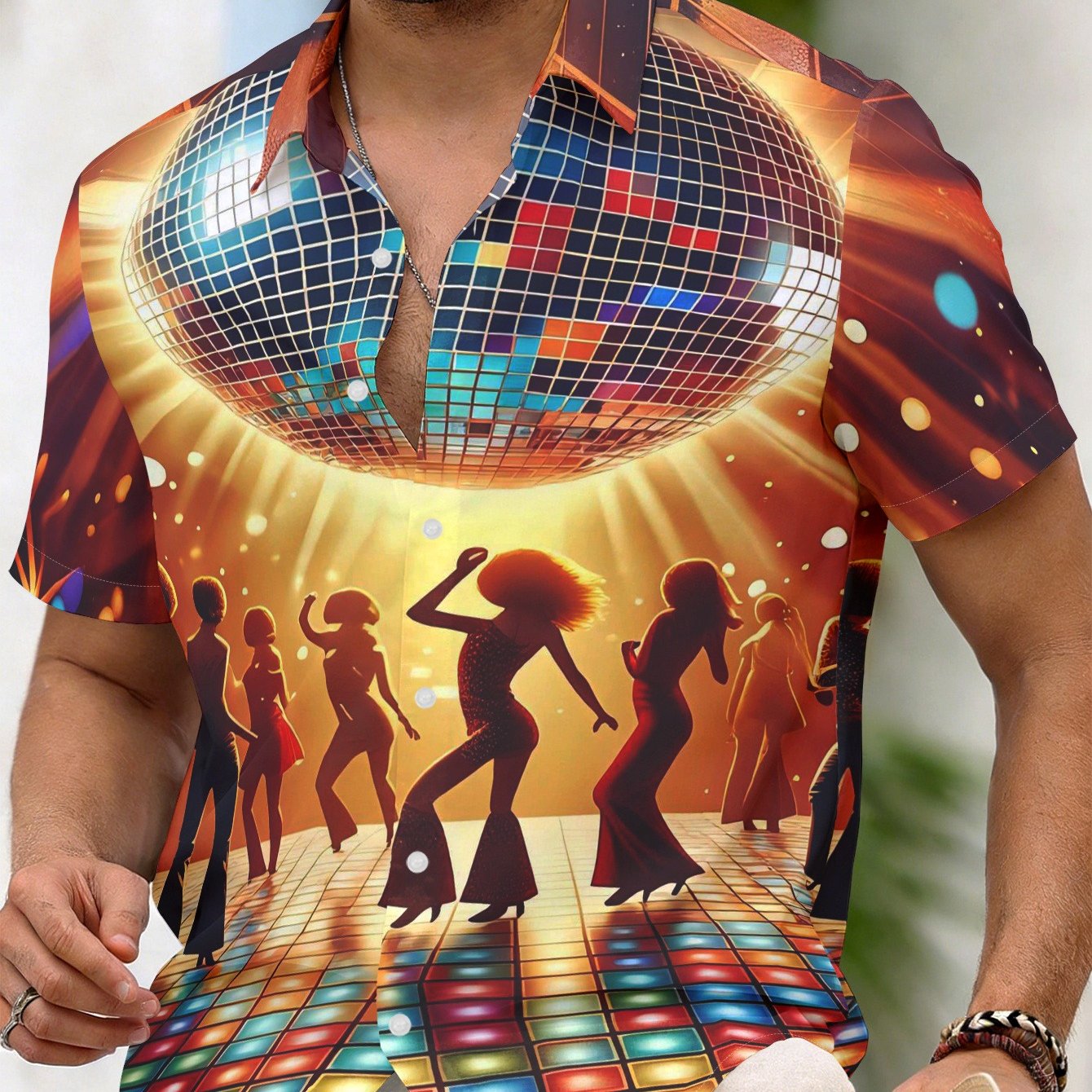TEMU Men's Vintage 70s Disco Party Shirt - Retro Collar Short-sleeve Shirt With Full-body Disco Ball & Dancer Print, Loose Fit Suitable For Nightclub