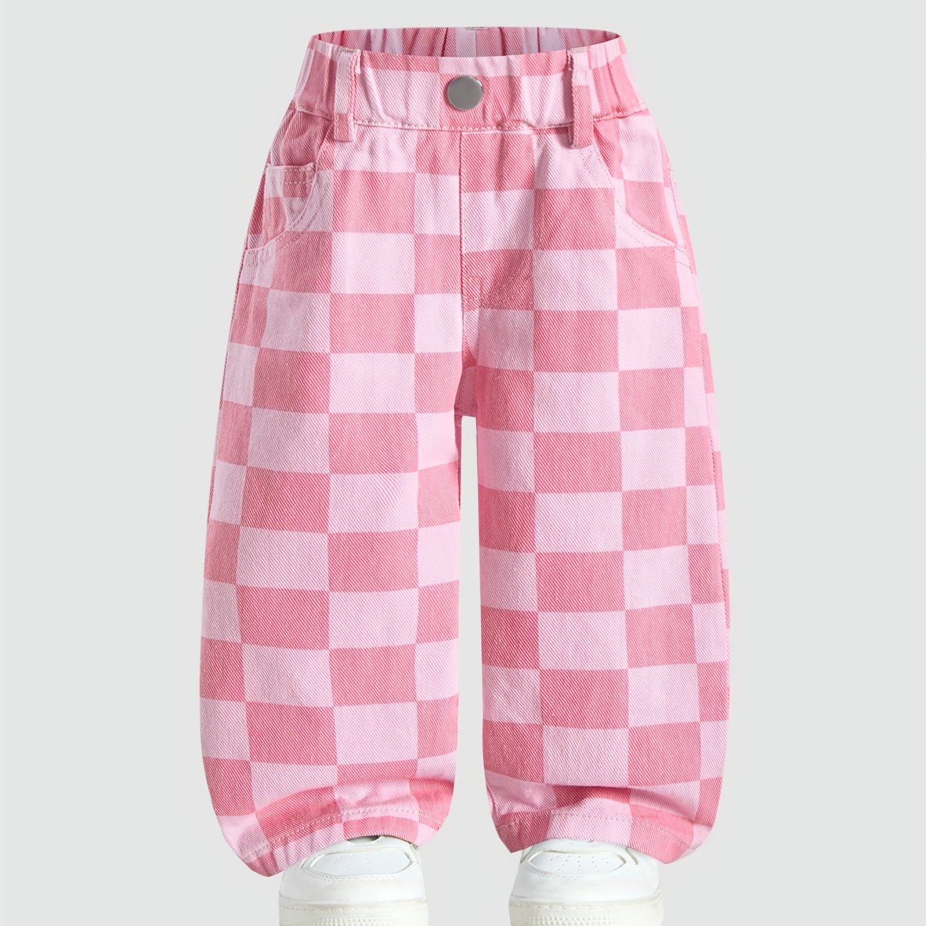 Image of Girls' Clothing, Pink Plaid-patterned Jeans For Girls, Stylish And Versatile, With An All-elastic Waistband, Suitable For , Outdoor Fun, Easter Parties, And Vacation Outfits, A For Holiday Gifts
