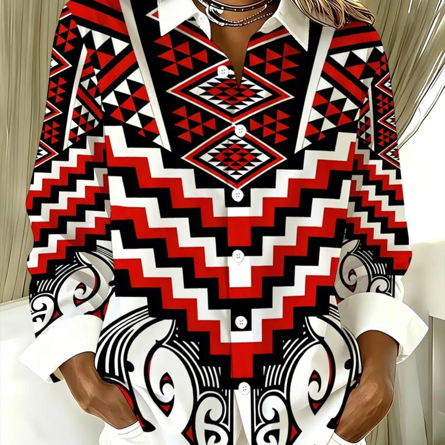 TEMU Women's Casual Long Sleeve Shirt, Geometric Tribal Print, Ideal For Fashionable Women, Vacations, Shopping, And Daily Wear [printed Design - No