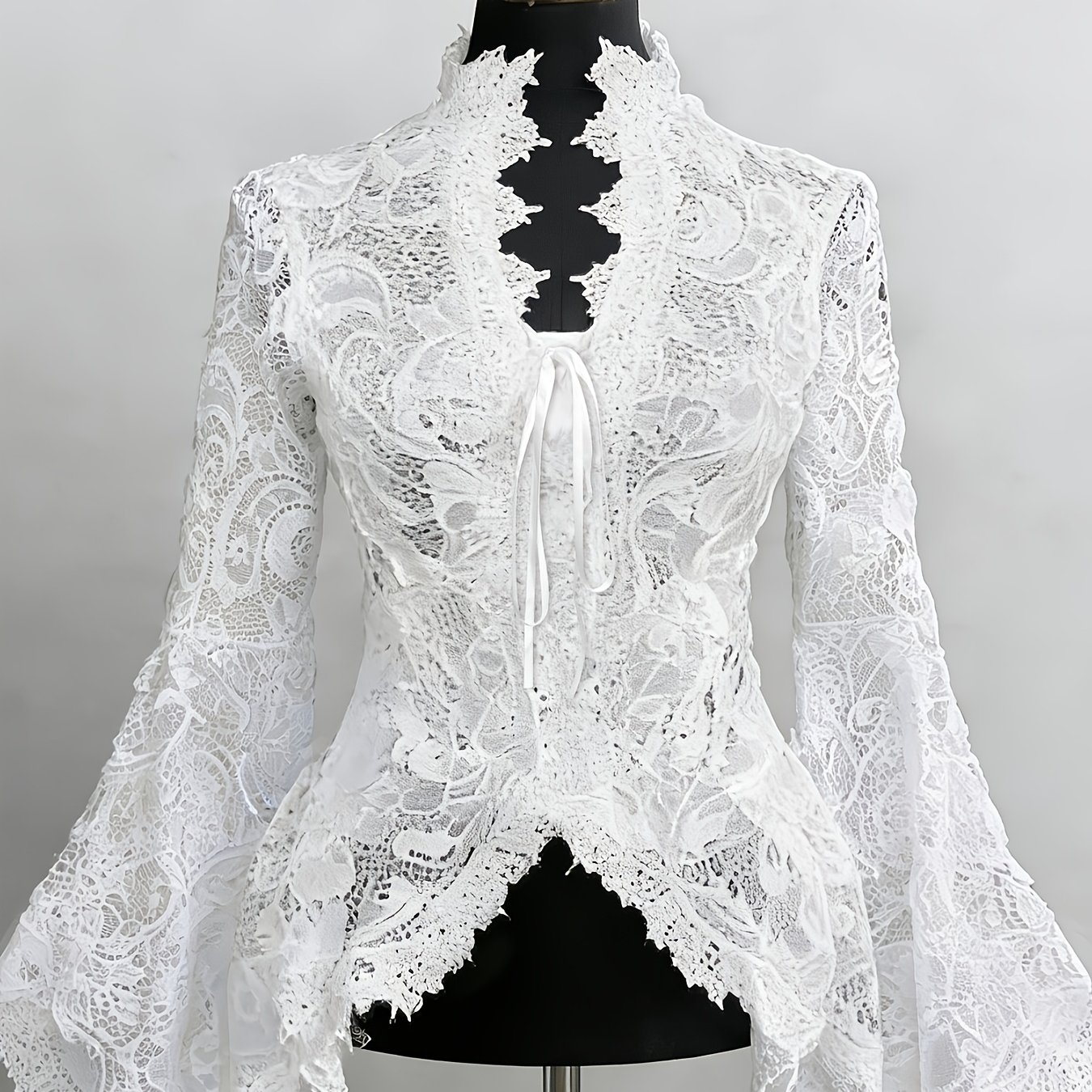 TEMU Women's Spring/summer Fashion Garment: An Elegant Lace-trimmed, Sheer-bloused Shirt With Ties.