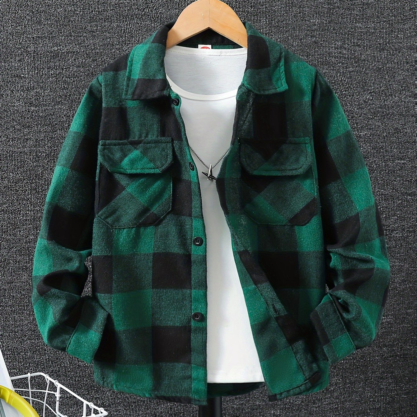 Boys' Mid-big Kids' Checkered Shirt Jacket Spring Summer Shirt Long Sleeve Lapel Shirt