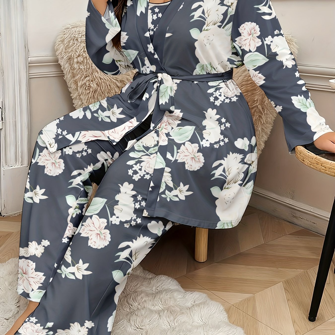 Plus-size Floral Print Elegant Robe And 3pcs Set