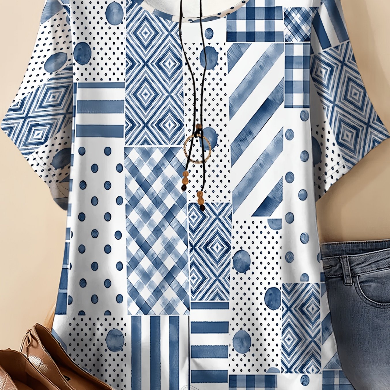Plus Size - Plus Size - Plus Size Women's T-shirt Features Blue And Scheme, With White As And Muted Morandi Blue As Accents, And Soft Visual Effect. Flattering And Suits Tones