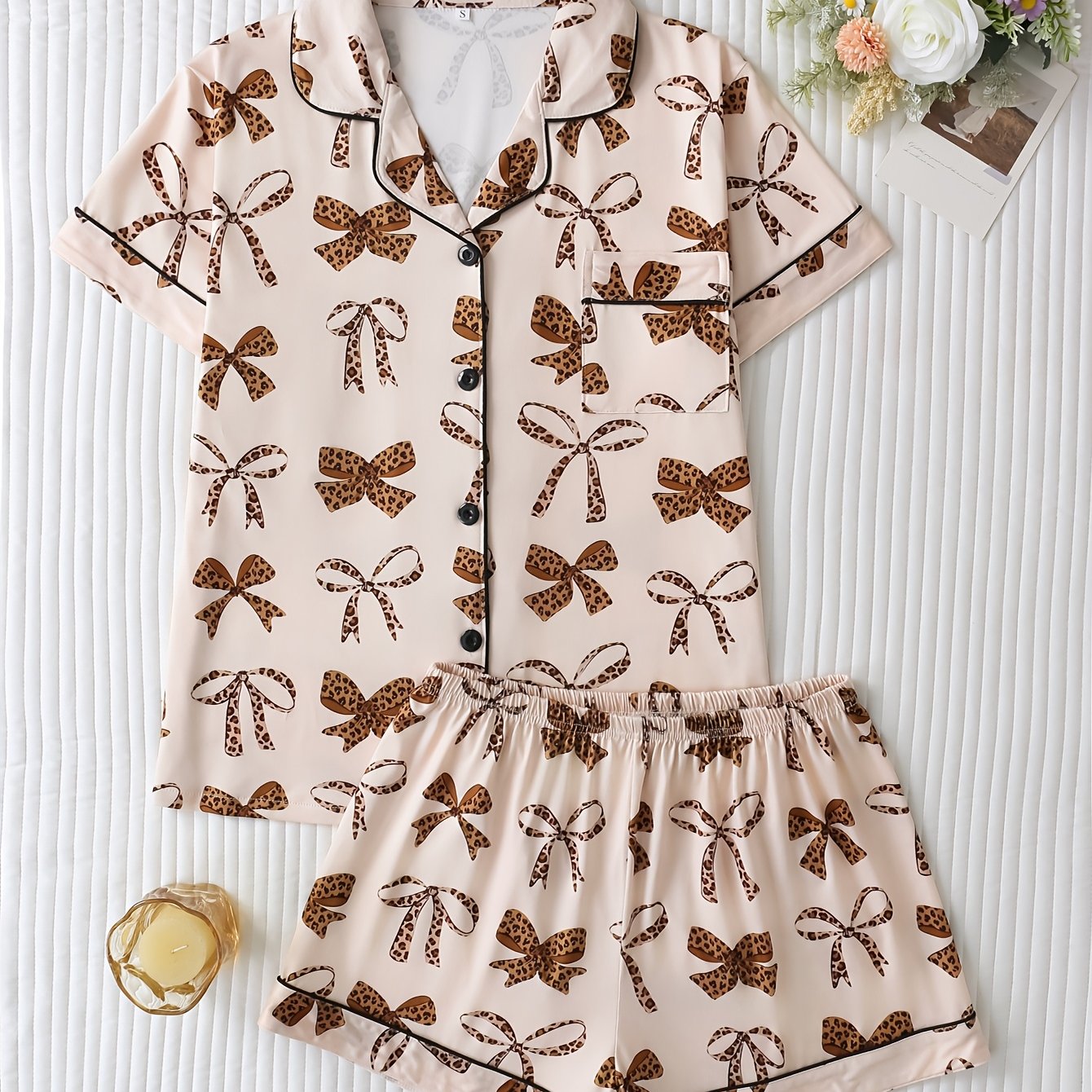 TEMU Two-piece Leopard Print Bow Print Women's Pajama Set, Turn- Collar Button Short Sleeve Top And Elastic Shorts, Elegant Women's Set