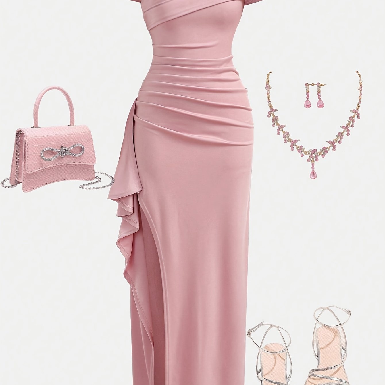 TEMU Teenage Girls' Elegant Formal Summer Wedding Dress, Off-shoulder Slit Hem Pleated Fitted Dress, Suitable For , Parties, And Princess Attire, For