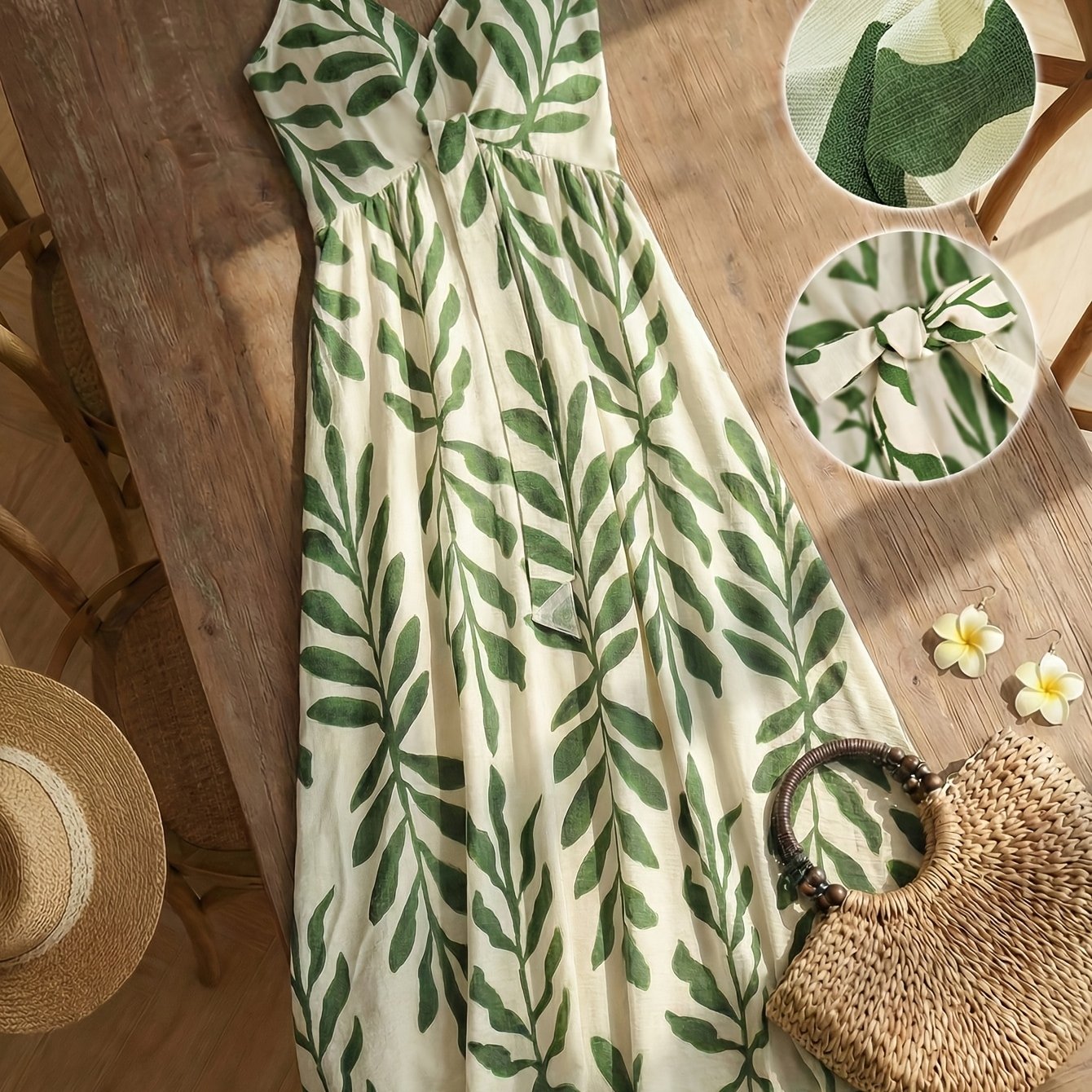 TEMU Robe longue trapèze imprimée feuilles pour femme avec nœud et bretelles fines - Robe d'été pour vacances, , extérieur, lavable en machine